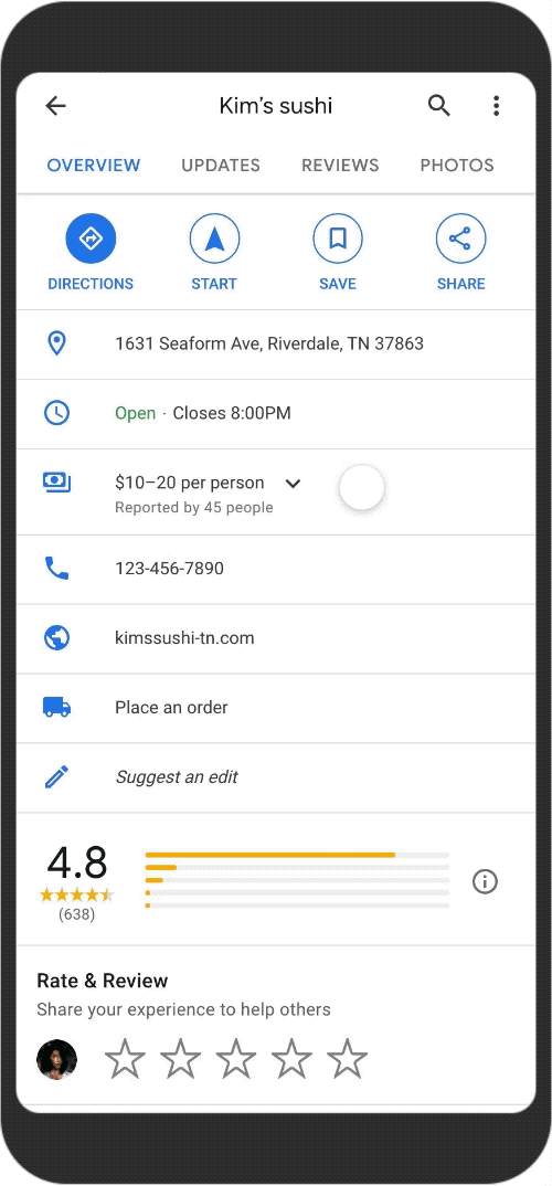 Restaurant price range in Google Maps