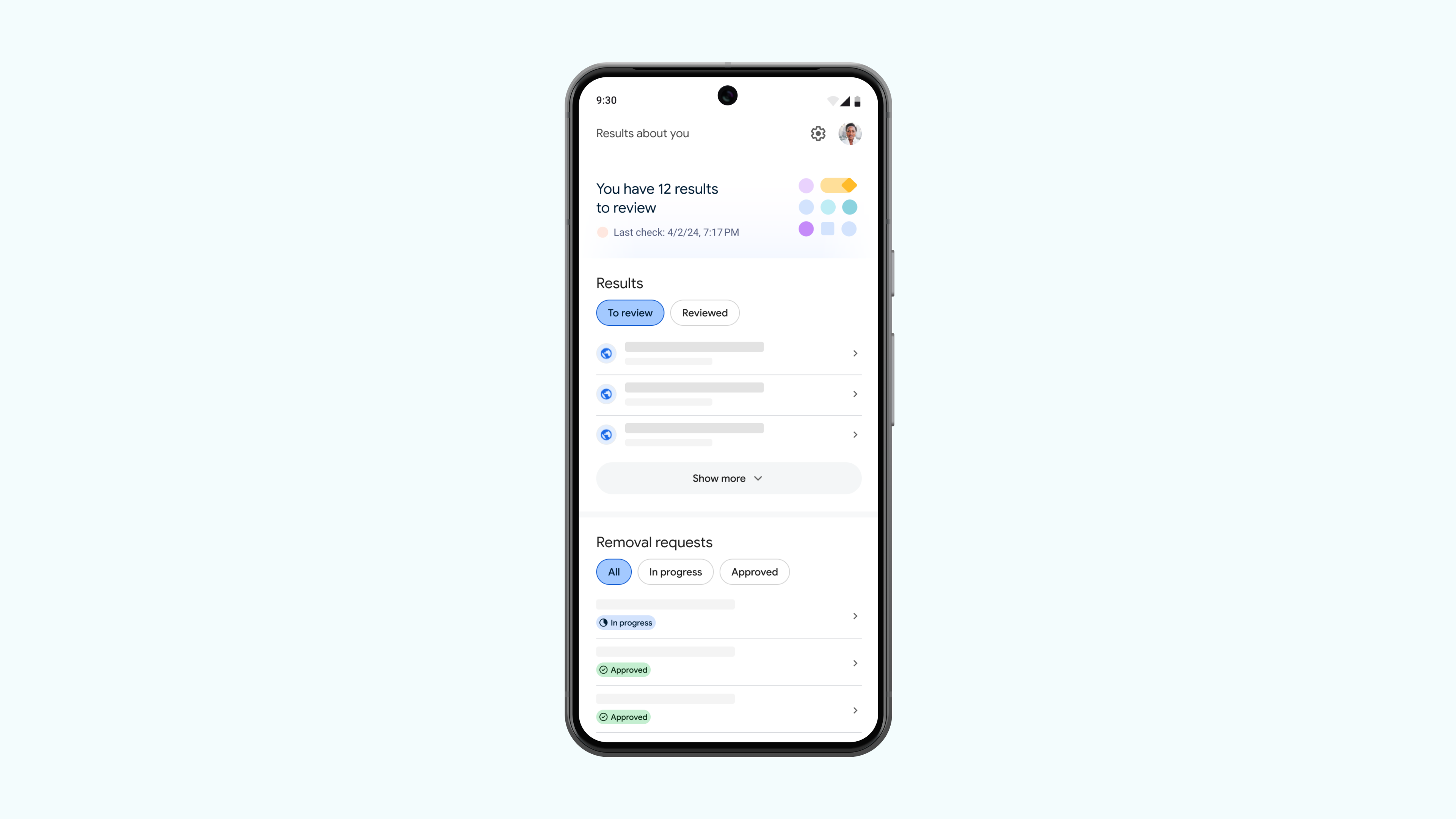 Screenshot of the Results about you tool where you can see your results and removal requests.