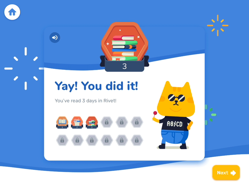 A screenshot showing the "rewards" page after three days in a row of reading practice, with a cat in sunglasses and the words, "Yay! You did it! You've read 3 days in Rivet!"
