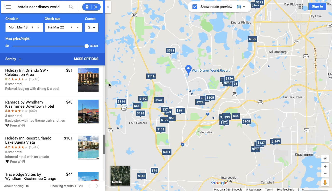 Hotel route previews in Google Maps