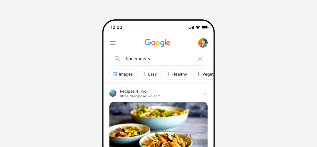 Animation of a smartphone showing filters being added to a dinner ideas search. Filters include “Healthy” and “Vegetarian.”
