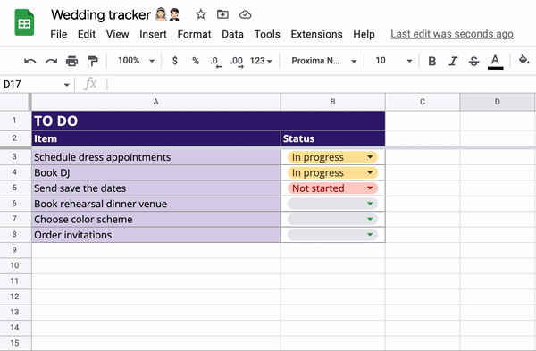 Gif of a Google Sheet with to-do list items — like “Schedule dress appointments” and “Book DJ” — and a cursor selecting the drop-down options “Not started,” “In progress” or “Done!”