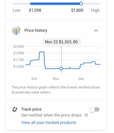 An animated GIF shows the product price history widget. The cursor runs over the graph of the product’s history, showing it spike, decrease and level out. The cursor then turns on “track price” below to get notifications.