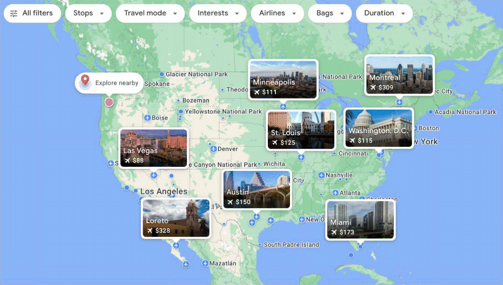 Animated GIF showing the United States on Google Maps. The arrow selects the “interests” tab and then “skiing” to surface ski towns in different parts of the country.