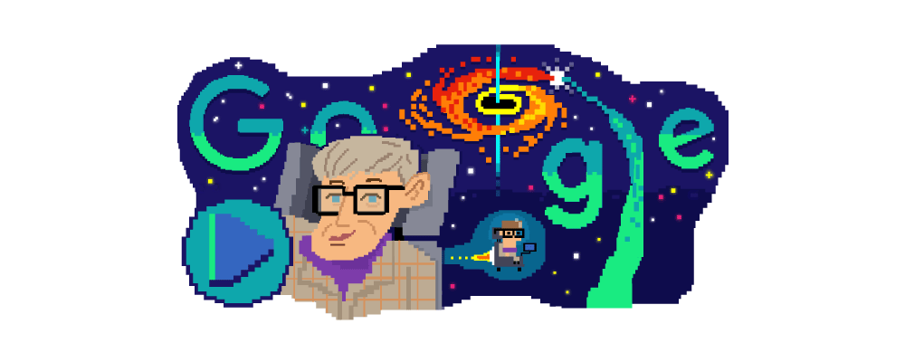 A Google Doodle showing an animation of Stephen Hawking against a galactic-style design of the word Google, with the starry universe and swirling mass of colours behind it. There is also a press play button to play the animation.