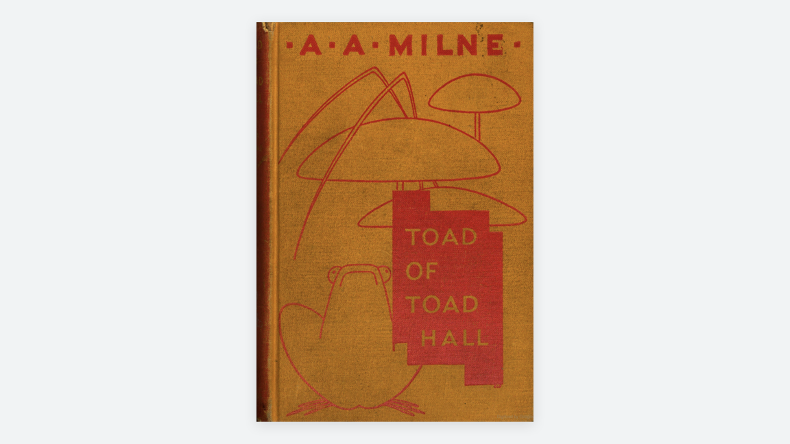 Cover of the book, "Toad of Toad Hall," with an illustration of a toad in red line art on a yellow background.