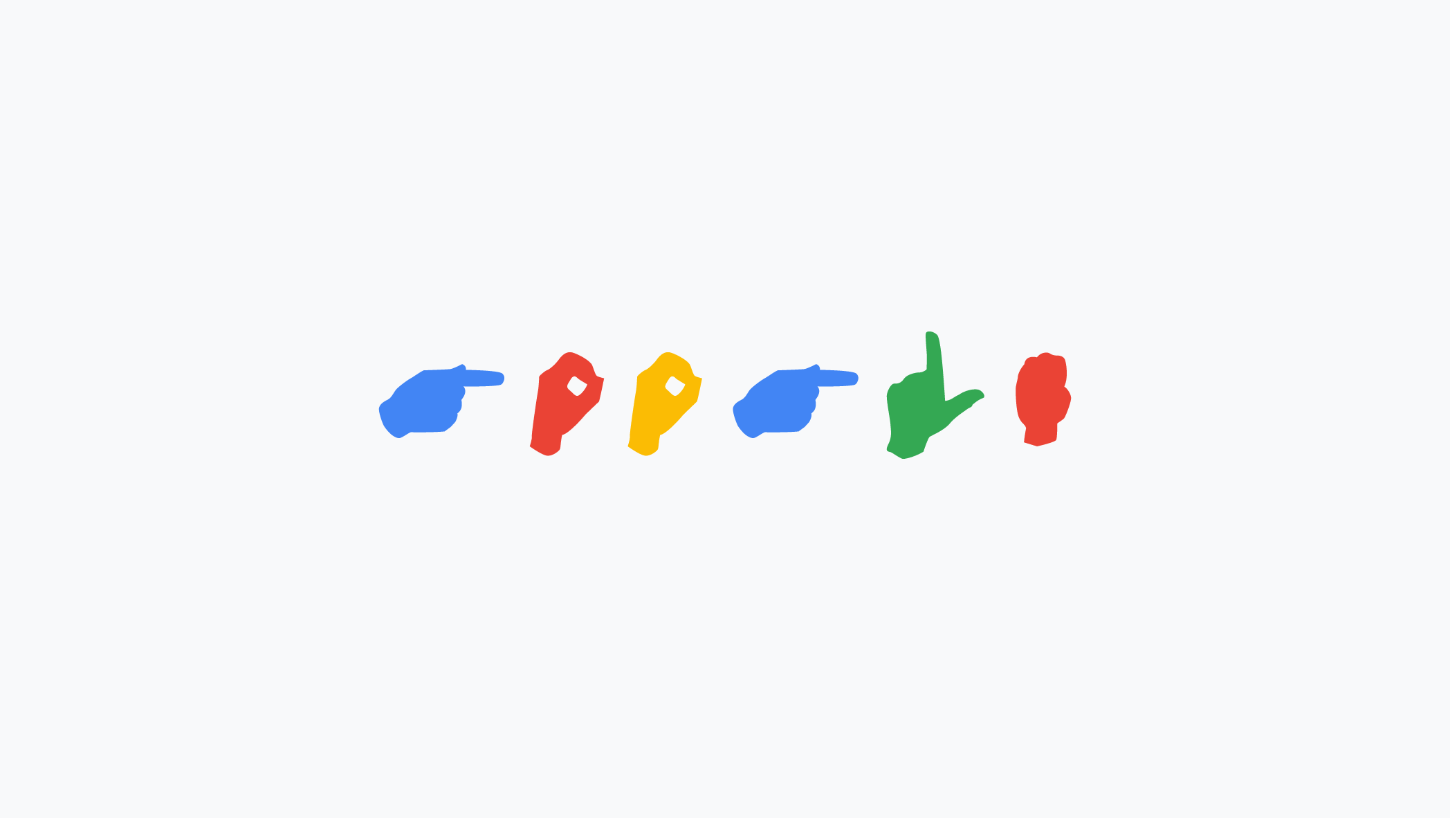 Google in american sign language displayed in the alternating google colors of blue, red, yellow, blue, green, and red