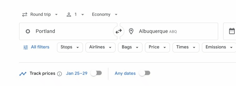 An animated GIF of Google Flight’s price tracking feature. A cursor turns on “track prices” and “any dates.”