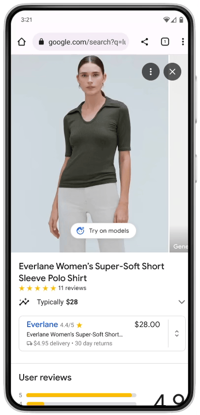 A phone animation shows Google’s virtual try-on feature. The phone shows models in varying sizes wearing a green top.