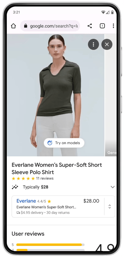 A phone animation shows Google's virtual try-on feature. The phone shows models in varying sizes wearing a green top.