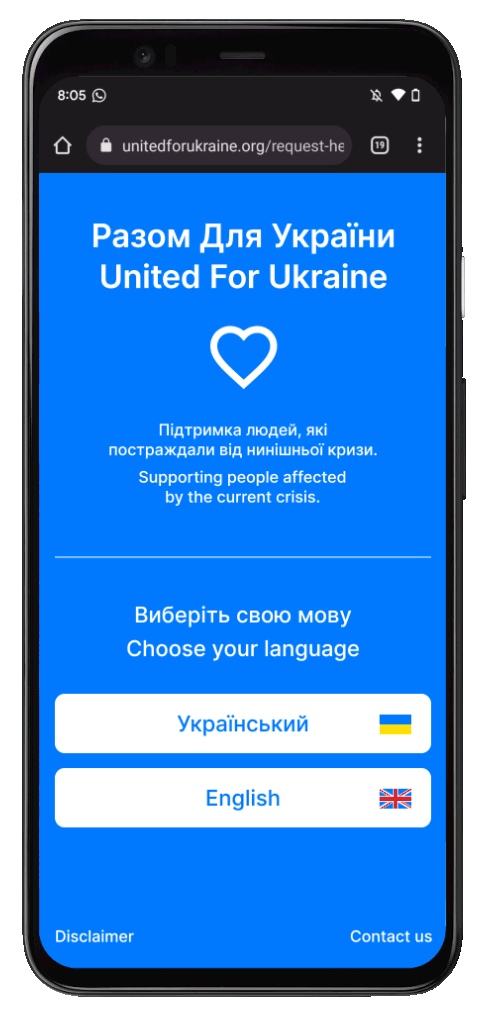 Ein Smartphone zeigt unitedforukraine.org