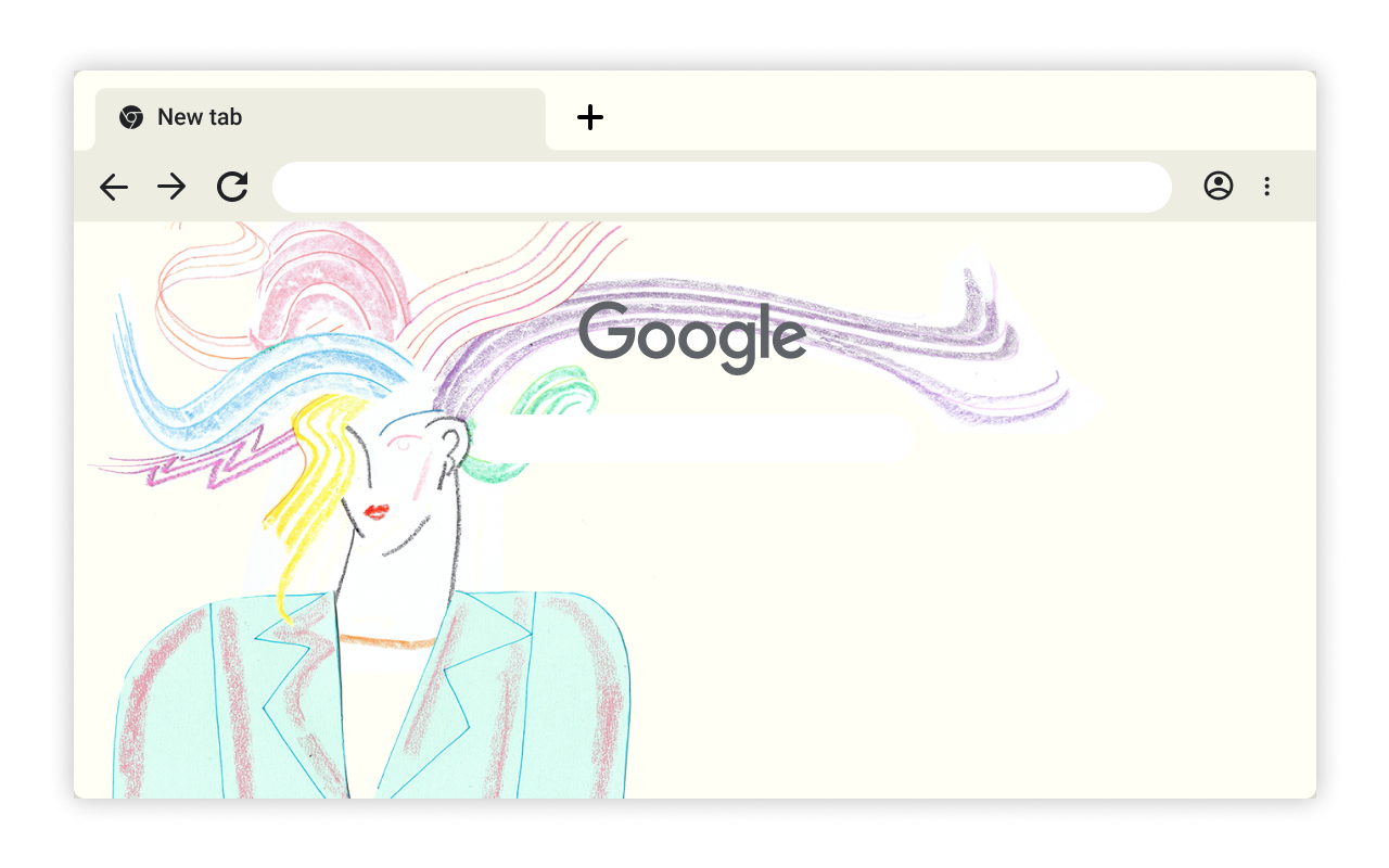 Chrome browser theme featuring a person with multi-colored hair flowing across the frame in all directions.