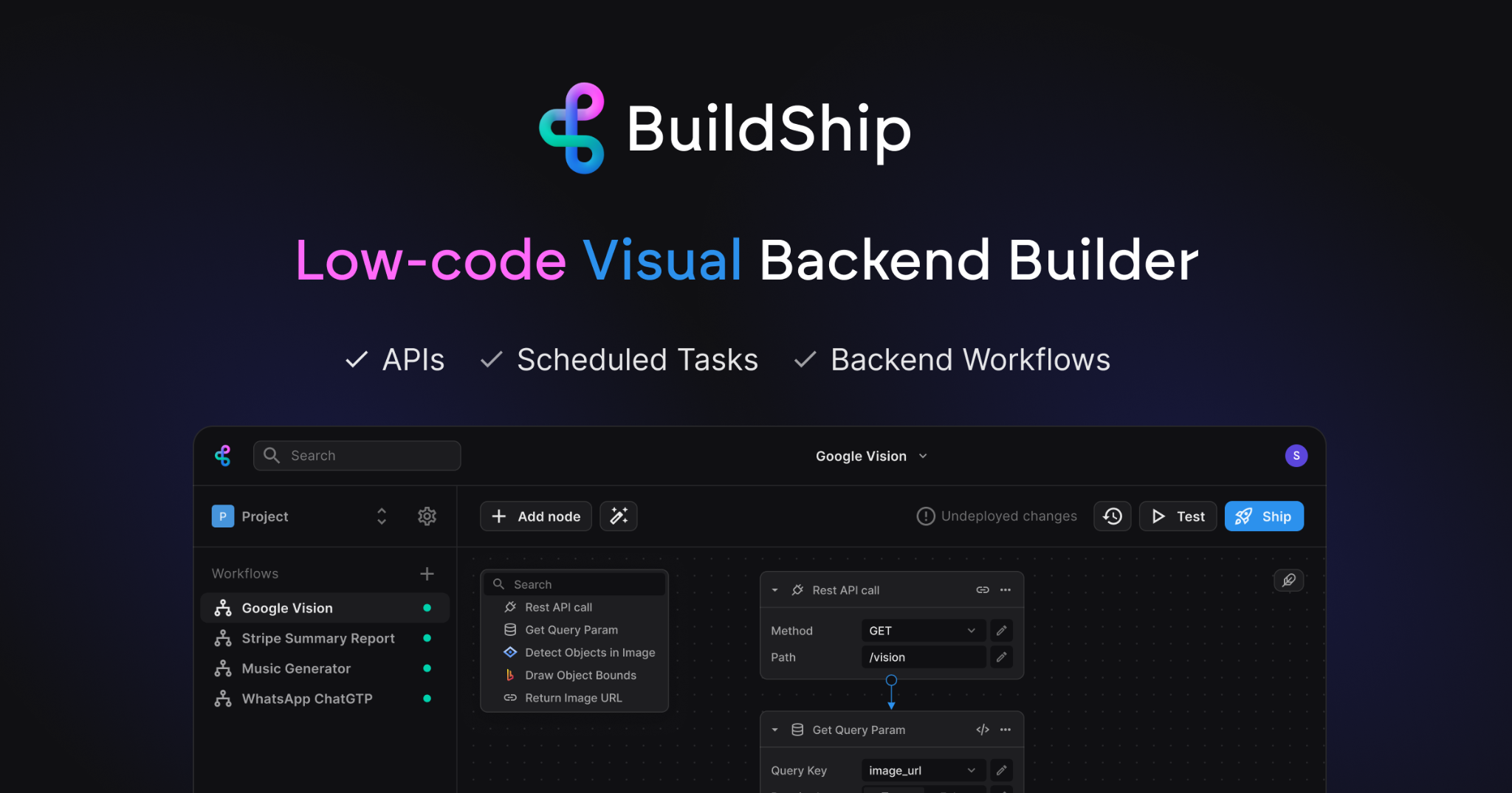 A screengrab of BuildShip's platform, showing the workflow builder for projects
