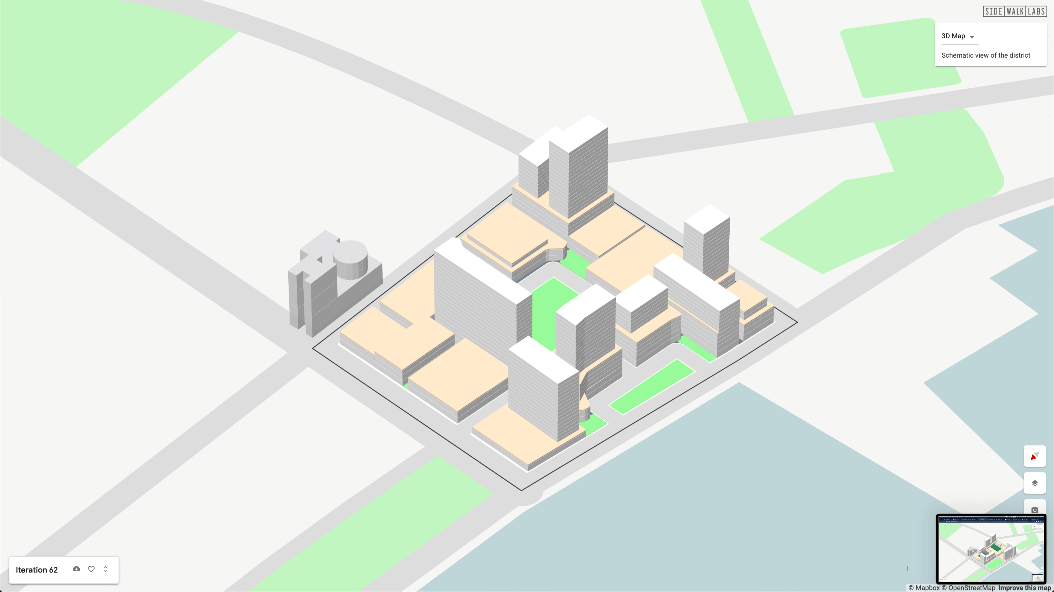 An animated gif showing a map with buildings and green spaces added to a block.