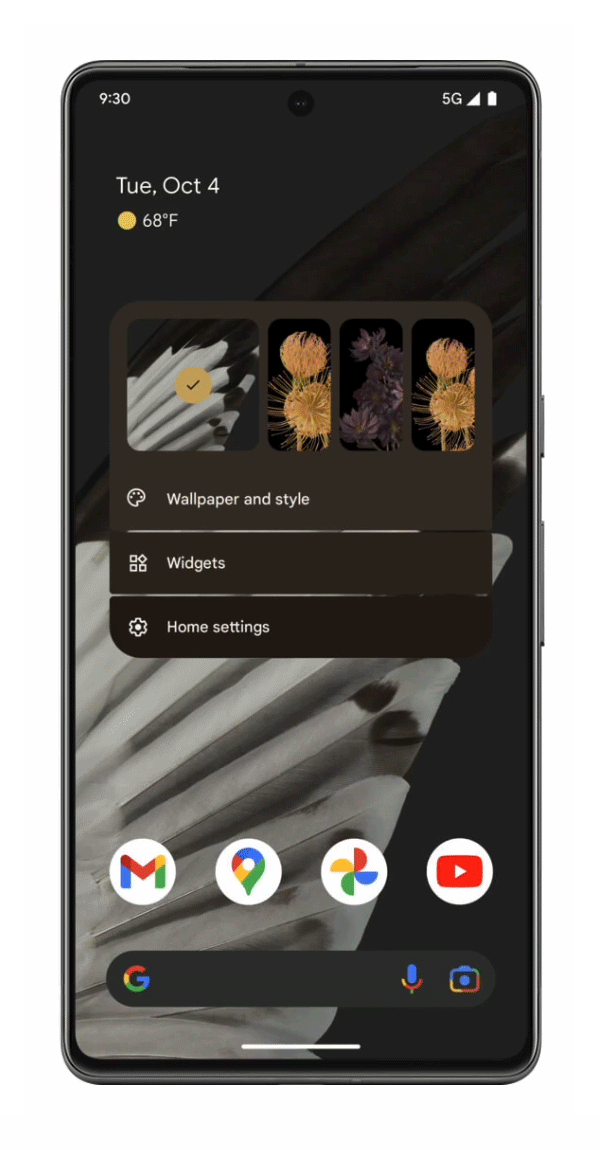 Animated GIF of a Pixel phone with screen open to the wallpaper and style settings. There’s an option to turn this setting into a widget, and a yellow dot is flashing, indicating selection of the widget option.