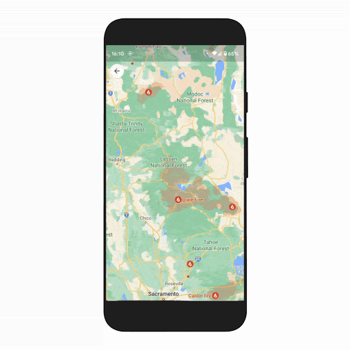 A gif showing the wildfire layer in Google Maps