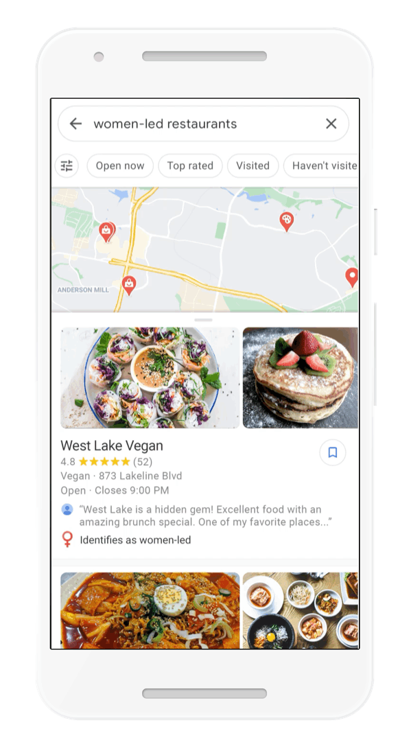An animation showing businesses labeled as " women-led" on Google Maps.