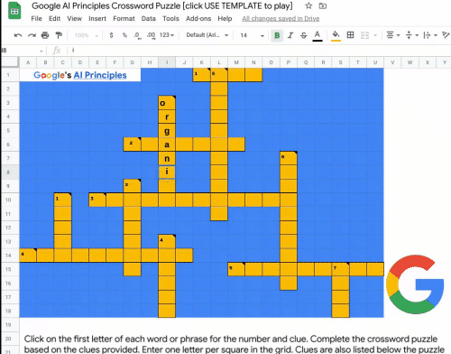 Animated GIF showing the crossword puzzle in a Google Sheets form.