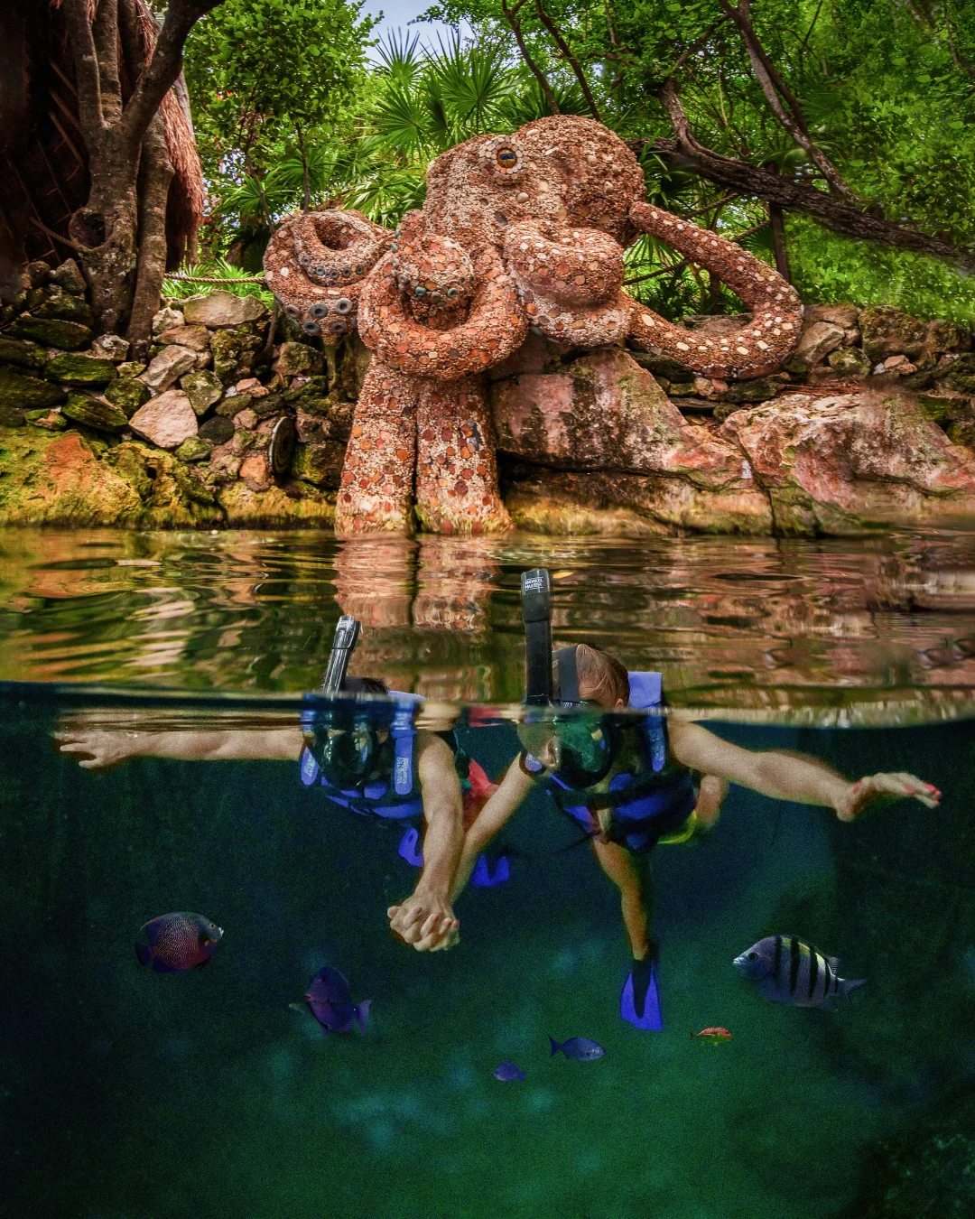 Pareja nadando con snorkel bajo la escultura de pulpo en Xel-Há y con peces a su alrededor