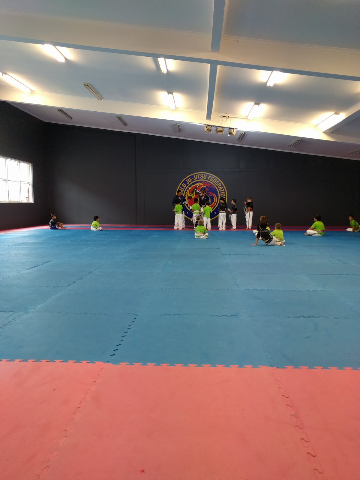 A large gym floor with blue jiu-jitsu mats is filled with a group of children practicing martial arts under the supervision of instructors.