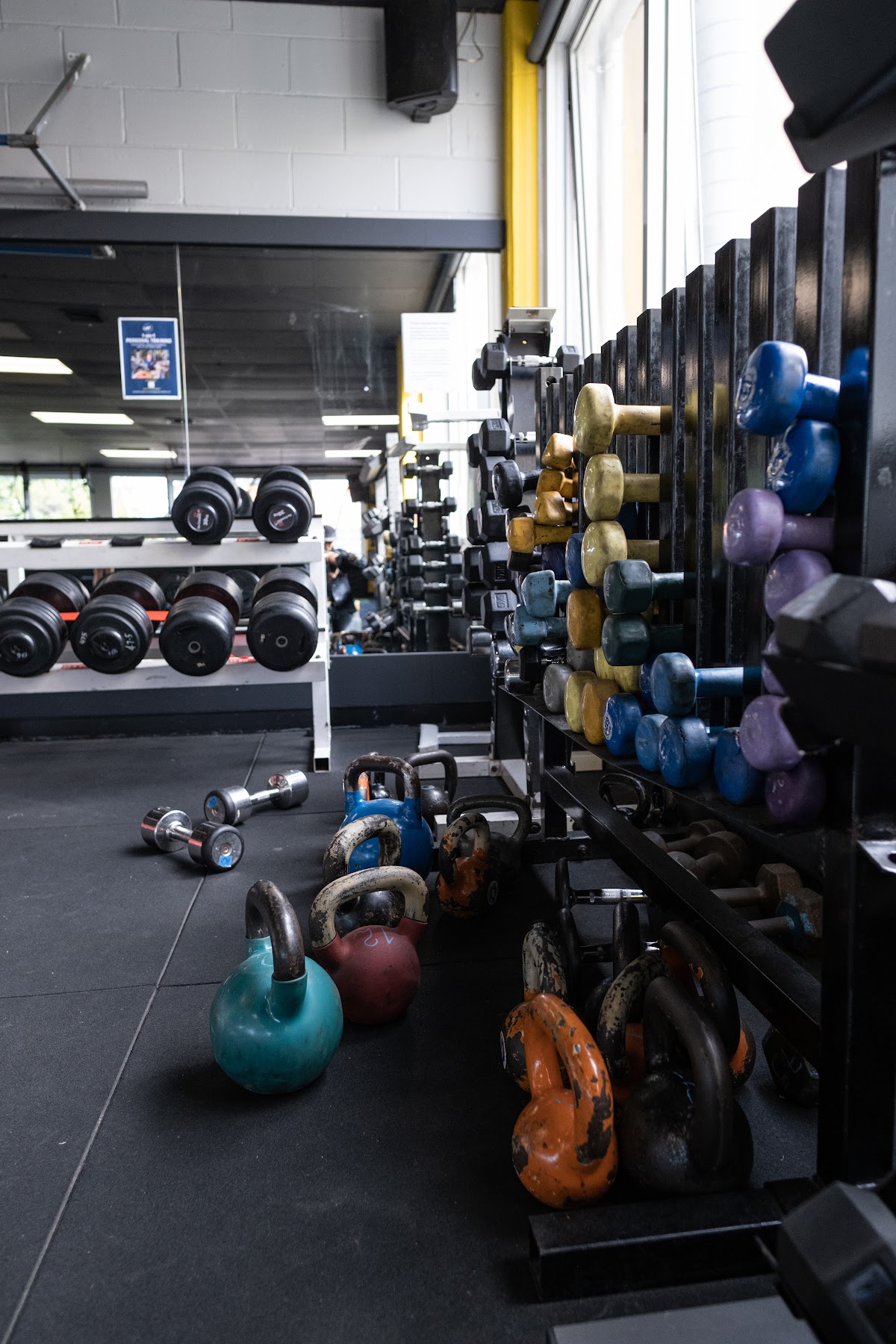 The photo showcases a gym floor with a large rack of dumbbells and kettlebells, suggesting a focus on strength training.