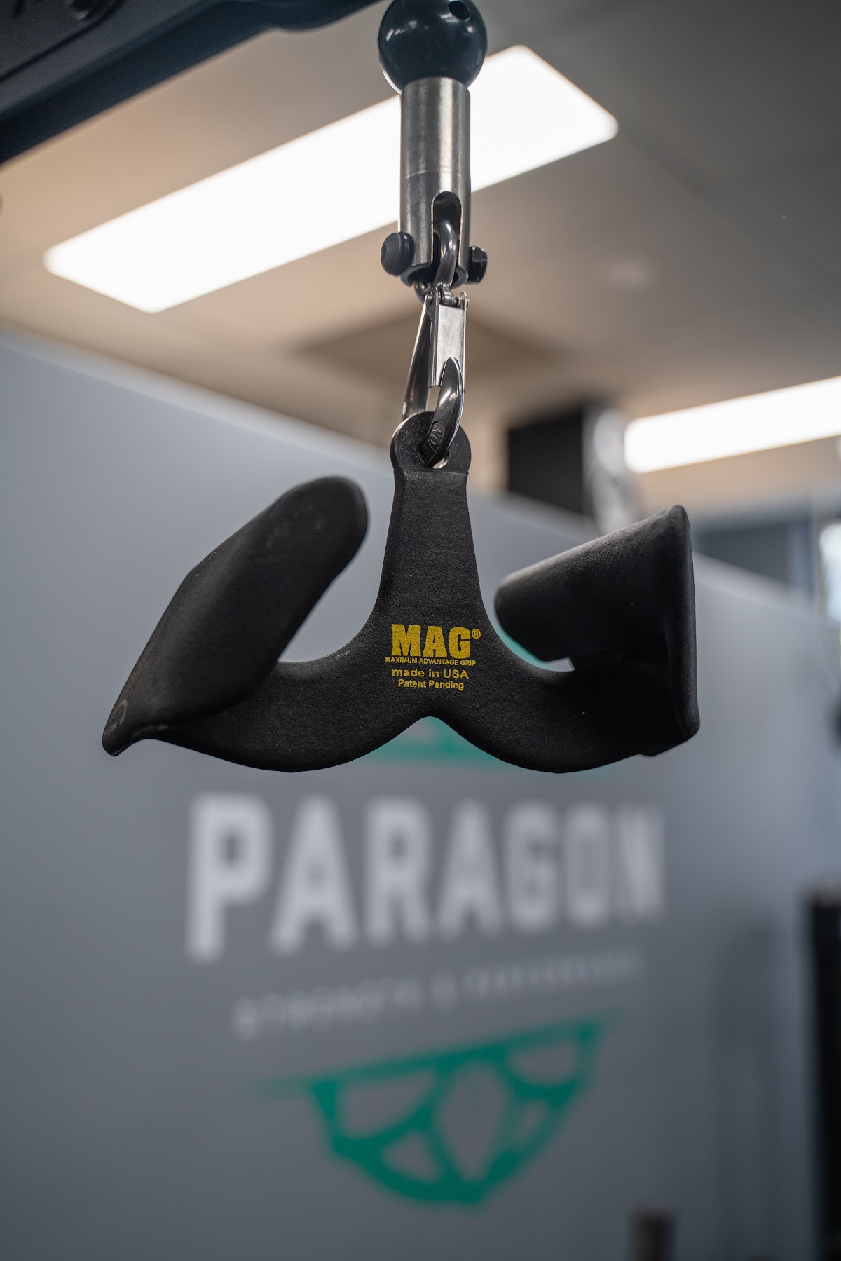 A close-up shot of a cable machine handle with the Paragon logo, set against a blurred gym background.