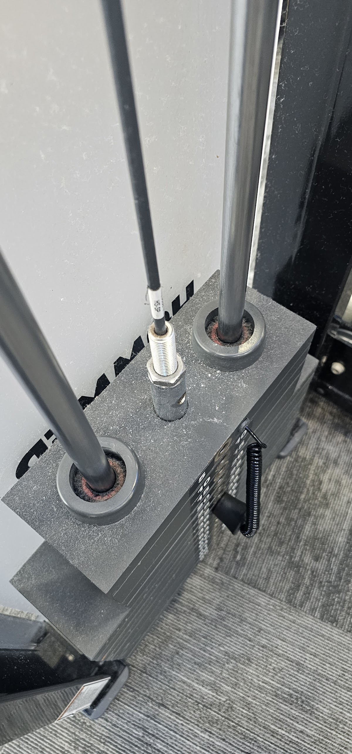 A close-up shot of a cable machine weight stack and attachment showing the pins and cables.