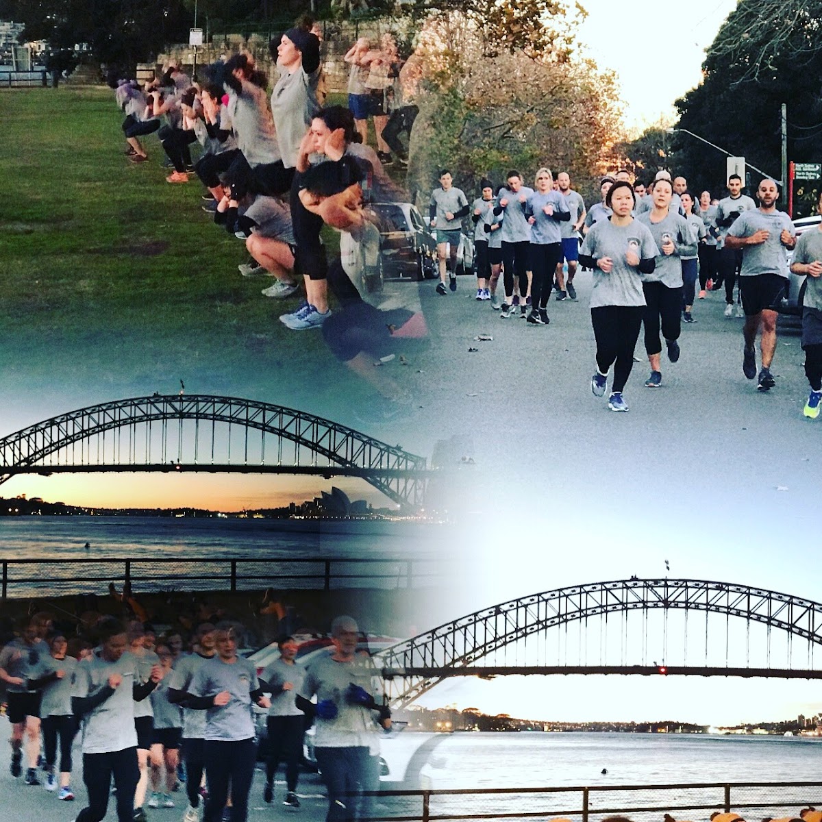 A large group of people are participating in an outdoor bootcamp-style workout, running along a path with a bridge and water in the background.