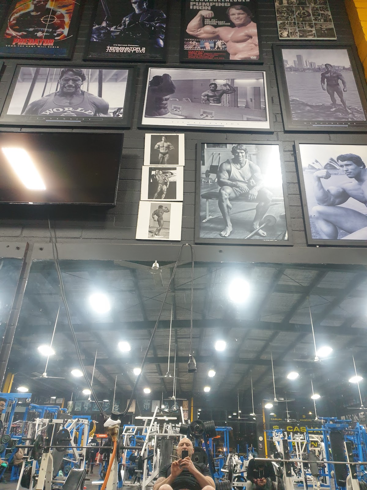 The photo shows a dimly lit gym interior with a wall covered in vintage bodybuilding posters and weightlifting equipment visible in the foreground.
