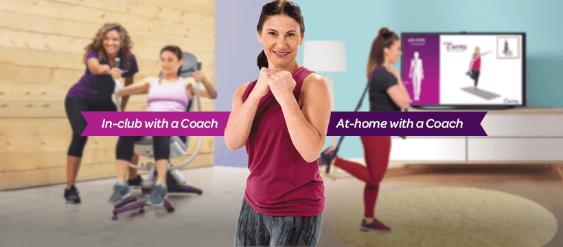 The image shows a fitness class with a coach, featuring people using spin bikes, with a split view comparing an in-club and at-home workout.