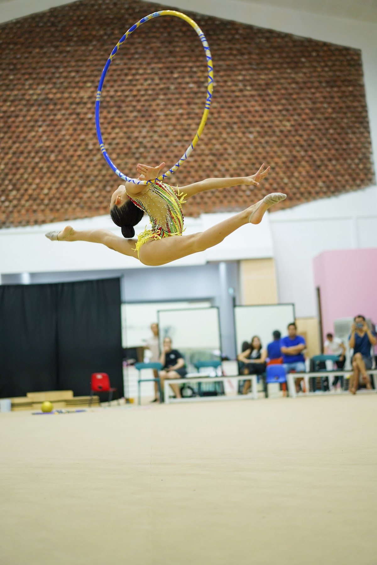 A gymnast performs a routine with a hoop in what appears to be an indoor gymnasium setting.
