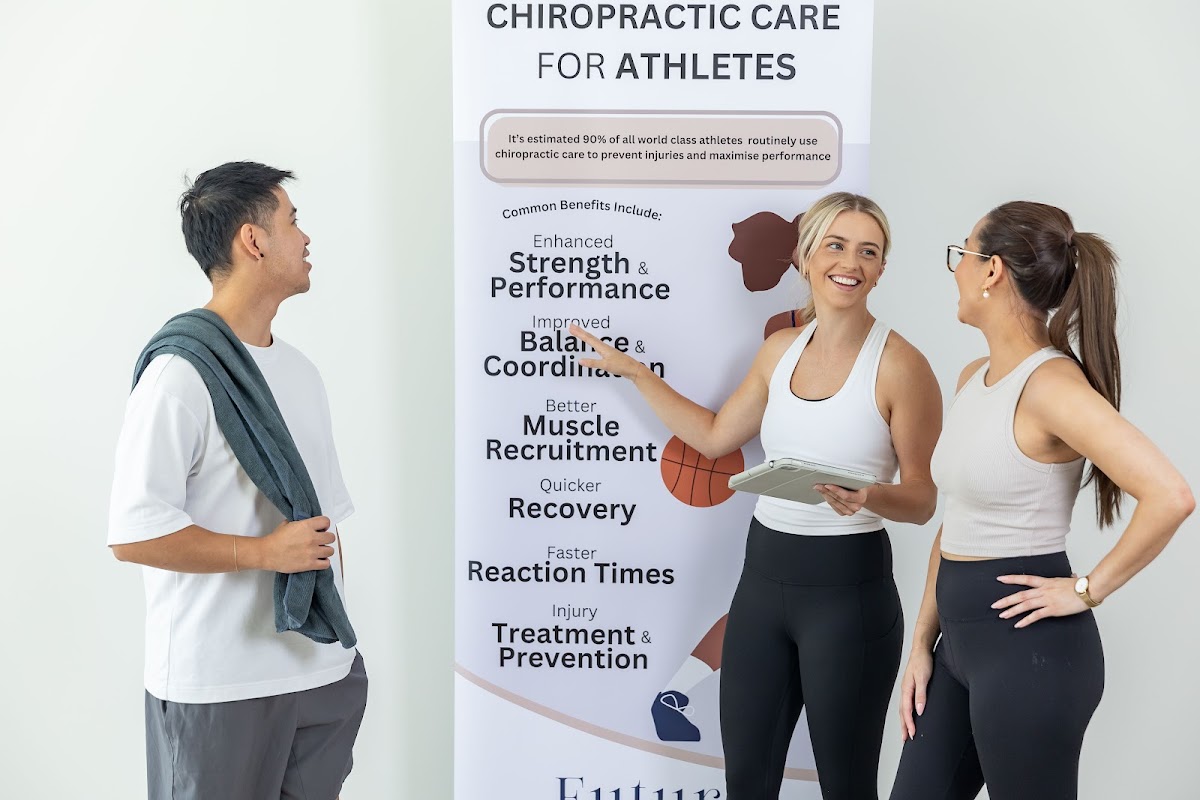 A portrait featuring a female trainer and a client undergoing chiropractic care for athletes, highlighting benefits like strength enhancement and inju