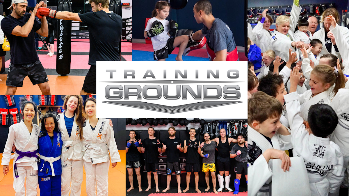 The photo showcases a mixed martial arts training facility with various groups of people practicing and receiving instruction, including boxing and ji