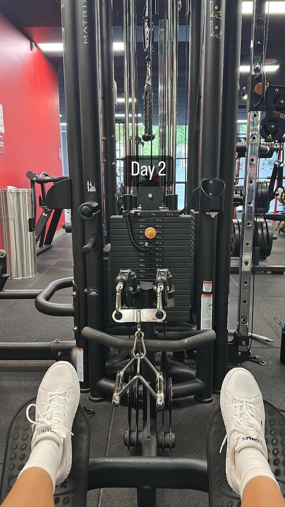 A first-person view of someone using a cable machine in a well-lit gym with other people working out in the background.