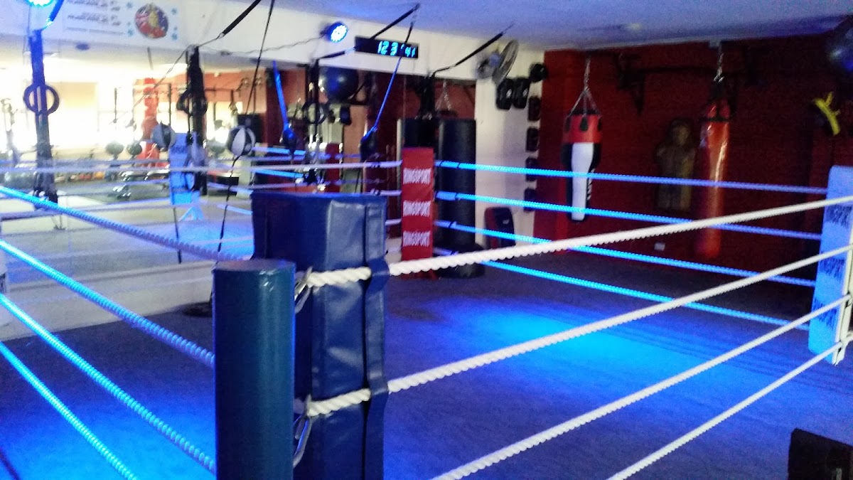 The photo shows a boxing gym interior with a boxing ring as the central feature and several punching bags visible in the background.
