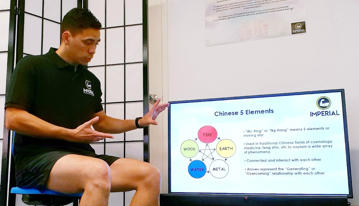 A male trainer in a black shirt is demonstrating a technique inside an infrared sauna, with a diagram of Chinese Five Elements displayed on the sauna 