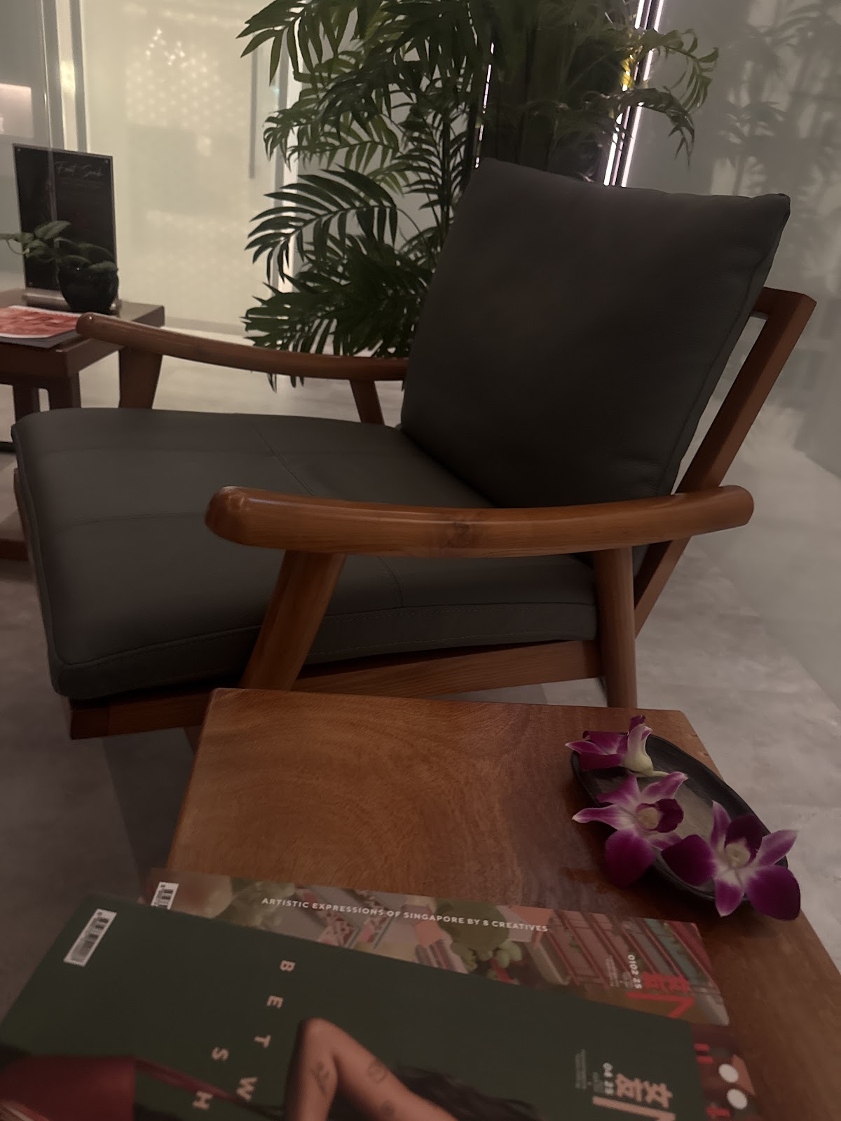 The photo depicts a stylishly decorated interior space featuring modern furniture, plants, and a book on a table, suggesting a relaxation or wellness 