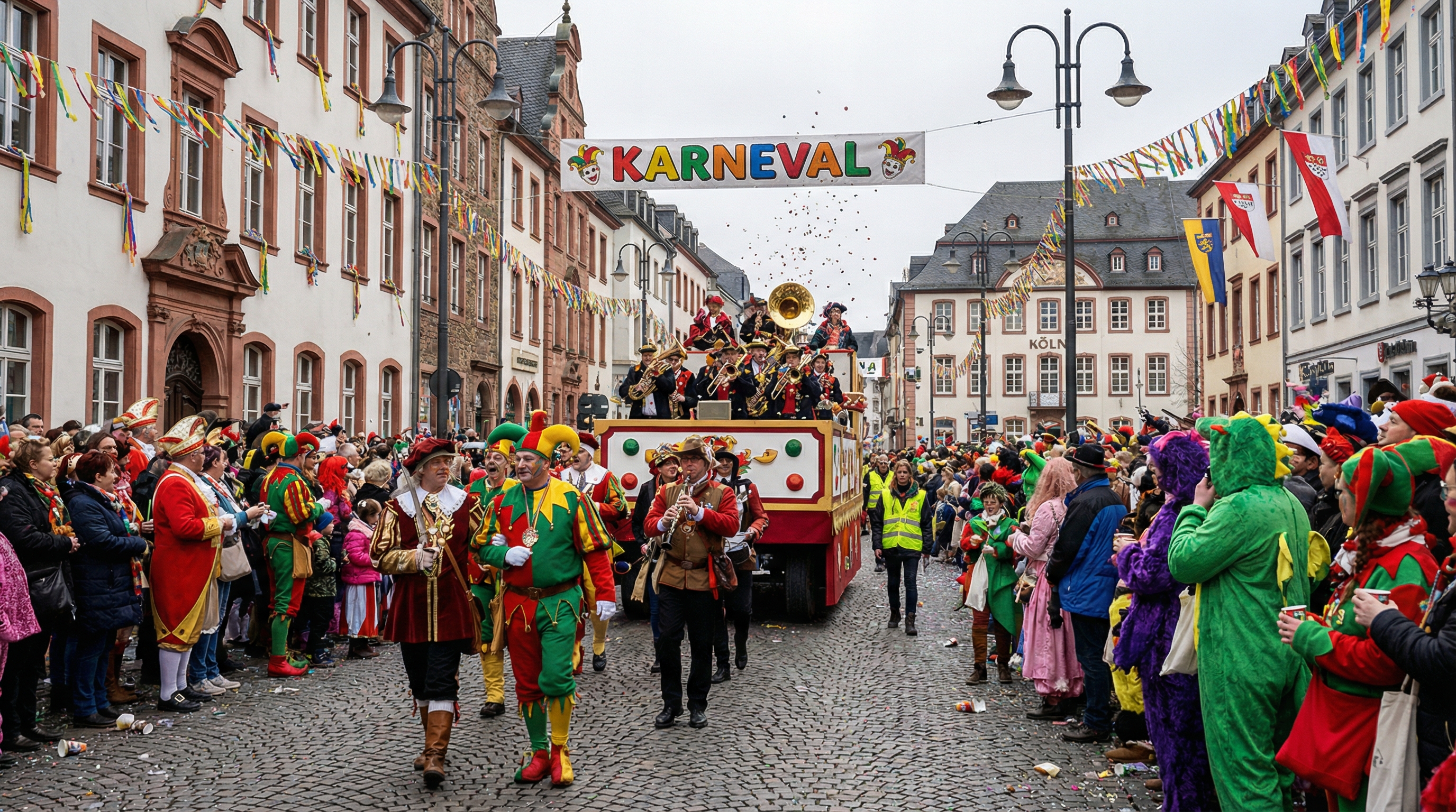 Das Bild zeigt eine lebendige Karnevalsparade in einer deutschen Stadt. Über dem Kopfsteinpflaster der Straße hängt ein großes Banner mit der bunten Aufschrift "KARNEVAL", verziert mit typischen Karnevalsmotiven wie Narrenkappen. Links und rechts säumen zahlreiche kostümierte Menschen die Straße, viele tragen bunte Verkleidungen wie Clowns, Narren, Tiere oder klassische Uniformen. Das Publikum wirkt ausgelassen und fröhlich, teilweise werden kleine Süßigkeiten oder Konfetti in die Menge geworfen.

Im Zentrum des Bildes zieht ein aufwendig dekorierter Festwagen vorbei, auf dem eine Blaskapelle sitzt und fröhliche Karnevalsmusik spielt. Rund um den Wagen marschieren Menschen in traditionellen Kostümen – darunter Gardeoffiziere und Narren. Die Häuserfassaden sind mit bunten Girlanden und Fahnen geschmückt, was die festliche Stimmung verstärkt.

Das Bild verdeutlicht den gemeinschaftlichen Charakter des Festes, die kreative Vielfalt der Kostüme und die ausgelassene Atmosphäre. Gleichzeitig sind am Boden Spuren zu sehen, wie verstreuter Müll und Becher, die auf die Herausforderungen großer Straßenfeste hinweisen. Ordner in gelben Westen sorgen für Sicherheit, während sich Menschen jeden Alters an dem bunten Treiben beteiligen. Insgesamt spiegelt das Bild alle beschriebenen Aspekte des Karnevals wider: Tradition, Freude, Gemeinschaft – aber auch Herausforderungen wie Müll und öffentliche Ordnung.