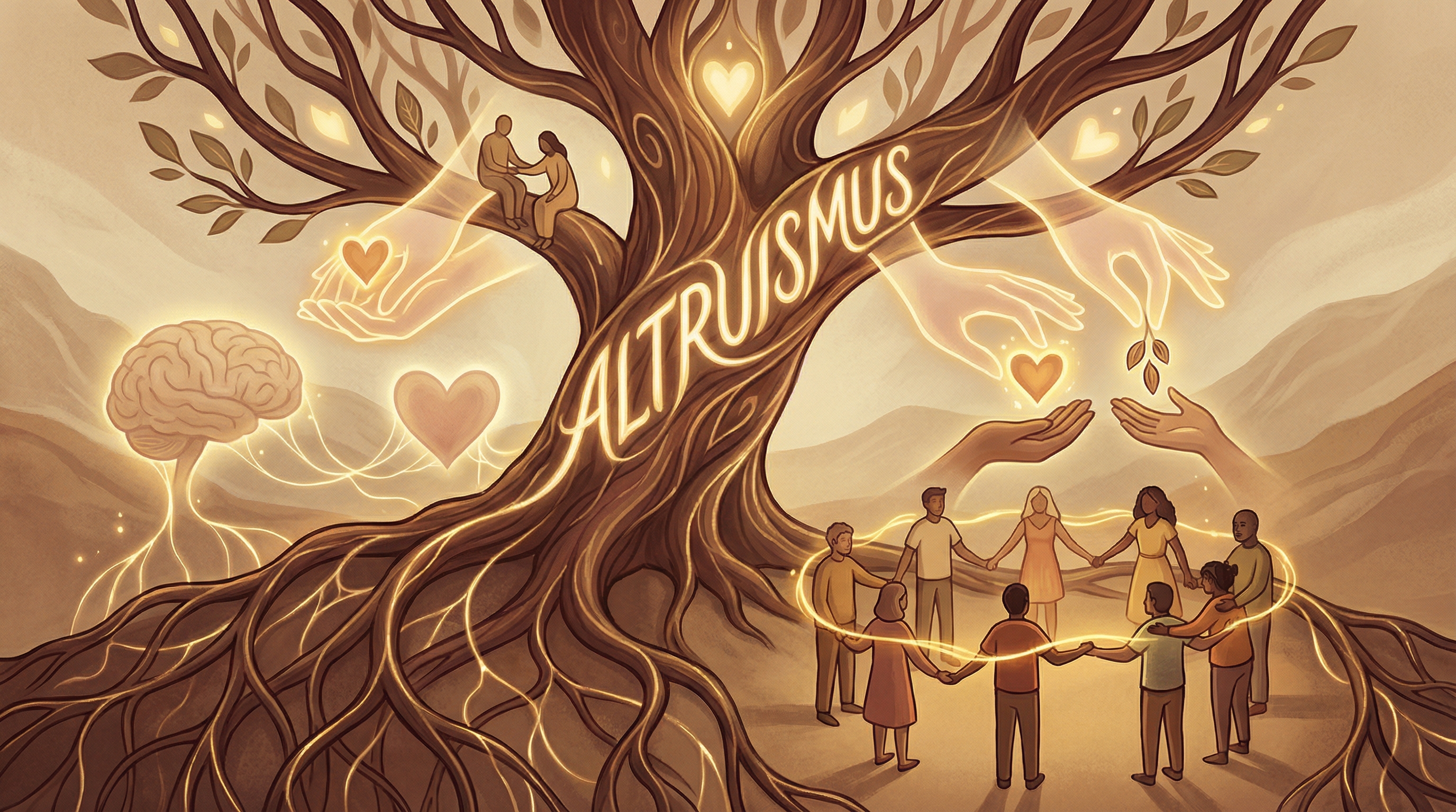 Das Bild zeigt eine symbolische Darstellung des Begriffs „Altruismus“. Im Zentrum steht ein mächtiger, ausladender Baum, dessen Stamm in leuchtenden Buchstaben das Wort „ALTRUISMUS“ trägt. Die Wurzeln des Baumes reichen tief in den Boden und verzweigen sich, was die tief verankerten psychologischen und biologischen Grundlagen des Altruismus symbolisiert.

Links im Bild sieht man ein Gehirn, das durch leuchtende Linien mit einem Herz in der Mitte verbunden ist. Das verdeutlicht die Verbindung zwischen Verstand (Psychologie, Empathie) und Herz (Gefühl, Mitgefühl), beides zentrale Triebkräfte für altruistisches Verhalten.

In den Ästen des Baumes sitzt ein Mensch, der einem anderen aufhilft – eine direkte Darstellung von Hilfe und Unterstützung, wie sie im Alltag altruistisch gelebt wird. Aus anderen Ästen strecken sich große, leuchtende Hände, die Herzen, Zweige und Blätter an Menschen weitergeben. Das steht für selbstloses Geben, Teilen und Unterstützen, ohne eine Gegenleistung zu erwarten.

Am Fuß des Baumes steht eine Gruppe von Menschen, die sich an den Händen halten und so einen Kreis der Gemeinschaft und Verbundenheit bilden. Ein leuchtender Faden verbindet sie und zieht sich durch das Bild, als Symbol für das gegenseitige Helfen und das Schaffen eines vertrauensvollen Miteinanders.

Das Gesamtbild ist in warmen, erdigen Tönen gehalten und strahlt Geborgenheit sowie Harmonie aus. Es gelingt, die vielen Facetten des Altruismus visuell darzustellen: Von der inneren Motivation (Herz und Hirn) über den konkreten Akt des Helfens (Hände, Geben) bis zur Wirkung auf die Gemeinschaft (Menschen im Kreis).

Das zentrale Motiv des Baumes steht dabei für das Wachstum, die Verwurzelung und die Verbindung aller altruistischen Handlungen – eine bildstarke Metapher für den Altruismus als tragende Säule des menschlichen Zusammenlebens.