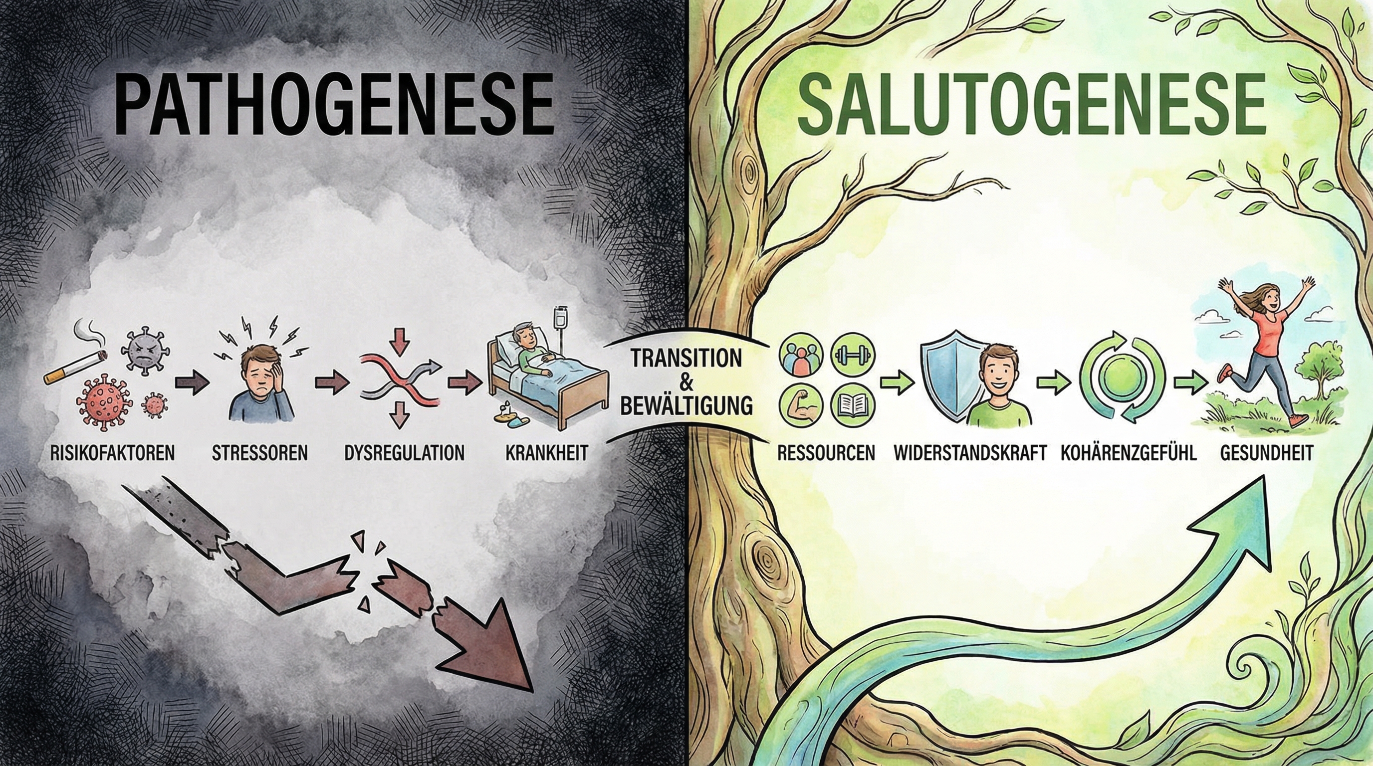 Das Bild zeigt den Vergleich zwischen Pathogenese und Salutogenese, zwei zentrale Konzepte der Medizin und Gesundheitswissenschaften.

**Linke Seite: Pathogenese**
- Die Darstellung ist in dunklen Farben gehalten und wirkt bedrückend.
- Der Begriff „PATHOGENESE“ steht groß und deutlich über dem linken Abschnitt.
- Der Weg der Pathogenese wird mit einer Reihe von Symbolen illustriert:
  1. **Risikofaktoren:** Eine Zigarette, ein Virus/Bakterium und Hamburger symbolisieren Risikofaktoren, die krank machen können.
  2. **Stressoren:** Ein Mensch fasst sich verzweifelt an den Kopf und zeigt die Reaktion auf Stressoren.
  3. **Dysregulation:** Pfeile weisen auf eine Entgleisung im Körper hin (dargestellt durch unkoordiniertes Pfeilgewirr).
  4. **Krankheit:** Ein Patient liegt im Krankenhausbett.
- Der gesamte Verlauf zeigt die Entwicklung von krankmachenden Einflüssen bis hin zur Krankheit, unterstrichen durch die nach unten verlaufenden, gebrochenen Pfeile, die Verschlechterung und eine negative Dynamik symbolisieren.

**Rechte Seite: Salutogenese**
- Im Gegensatz dazu ist die rechte Seite hell und freundlich gestaltet, mit vielen grünen Tönen, die für Wachstum und Gesundheit stehen.
- „SALUTOGENESE“ steht groß und deutlich im grünen Bereich über dem rechten Abschnitt.
- Der salutogenetische Weg wird durch positive Symbole dargestellt:
  1. **Ressourcen:** Symbole wie Gemeinschaft, Fitness, Wissen/Lesen stehen für die verfügbaren Ressourcen.
  2. **Widerstandskraft:** Ein Schild und ein lächelnder Mensch symbolisieren Resilienz und die Fähigkeit, Widerständen zu trotzen.
  3. **Kohärenzgefühl:** Ein Kreis aus Pfeilen deutet auf den dynamischen Umgang mit Herausforderungen hin (Sinnhaftigkeit, Verstehbarkeit, Handhabbarkeit).
  4. **Gesundheit:** Eine fröhliche, springende Frau steht für Gesundheit und Lebensfreude.
- Der Weg verläuft nach oben und nimmt die Form eines gesunden, kräftigen wachsenden Baumes an, was auf Aufschwung und Entwicklung hindeutet.

**Mittelteil:**
- In der Mitte steht „Transition & Bewältigung“ als Brücke zwischen den Konzepten.
- Diese Brücke betont, dass eine Bewältigung der Risikofaktoren möglich ist, indem Ressourcen und Widerstandskraft gestärkt werden.

**Zusammenfassung:**
Das Bild vermittelt anschaulich, dass Pathogenese den Fokus auf die Entstehung von Krankheit durch schädliche Einflüsse legt, während Salutogenese die Förderung von Gesundheit durch Stärkung von Ressourcen und Resilienz betont. Beide Begriffe sind im Bild klar ausgeschrieben und ihre Bedeutungen durch die verwendeten Symbole und Farben verständlich dargestellt.