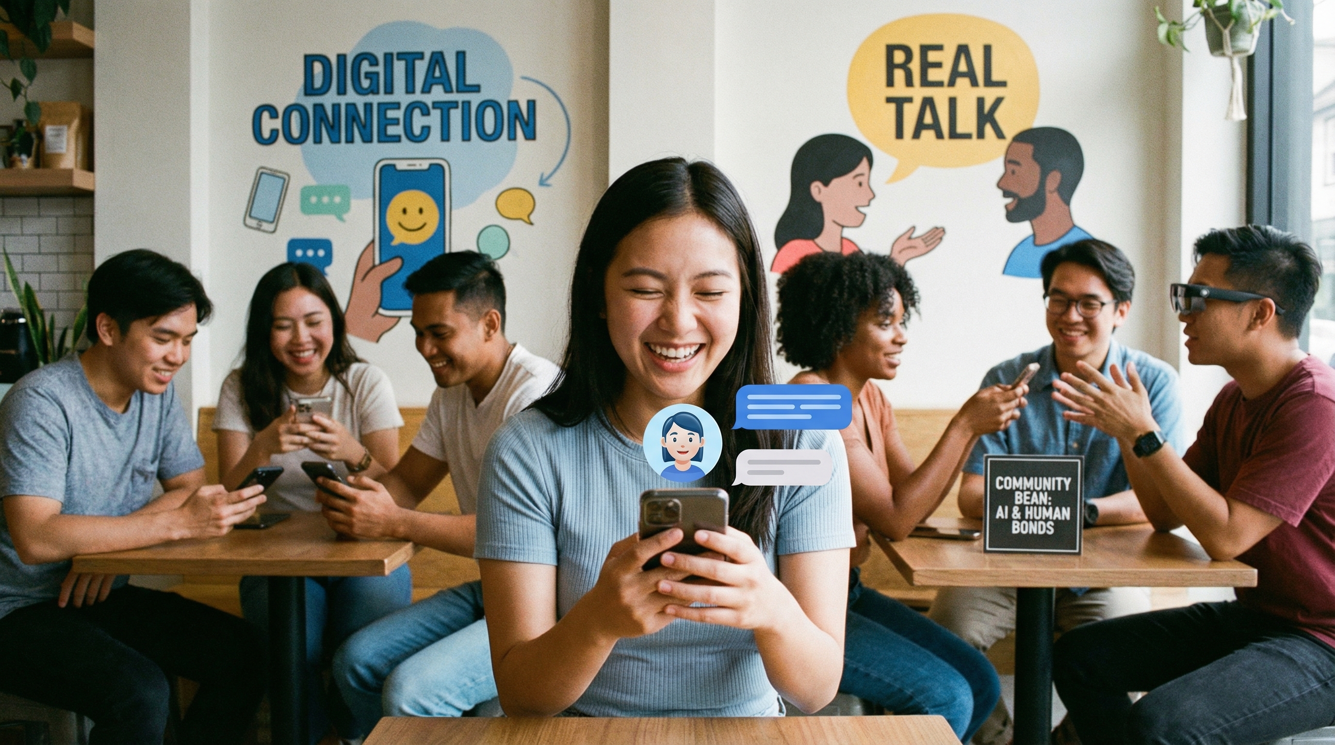 Auf dem Bild sieht man eine Gruppe junger Menschen, die gemeinsam in einem modernen Café sitzen. Die Szene ist zweigeteilt und thematisiert die sozialen Auswirkungen von Künstlicher Intelligenz (KI) auf Freundschaften und Kommunikation.

Auf der linken Seite des Bildes sitzen drei Personen an einem Tisch und sind völlig in ihre Smartphones vertieft. Über ihnen prangt die Wandaufschrift „DIGITAL CONNECTION“ mit passenden Symbolen wie einem Smartphone, Sprechblasen und einem Smiley. Dies symbolisiert die Art der sozialen Interaktion, die heutzutage zunehmend digital und oft durch KI-gestützte Kommunikationsdienste geprägt wird. Diese Personen schauen lächelnd auf ihre Bildschirme, befinden sich aber in einer "digitalen Blase", obwohl sie physisch zusammen sind. Bei einer Person sieht man eingeblendete, KI-typische Chatblasen mit einem stilisierten Avatar, was andeutet, dass sie möglicherweise mit einer KI oder einem Chatbot kommuniziert.

Rechts auf dem Bild sitzen weitere junge Menschen, die aktiv miteinander reden und sich ansehen. Über ihnen steht „REAL TALK“ mit einer Grafik zweier direkt sprechender Menschen. Das betont den Unterschied zur digitalen Kommunikation und verweist auf die unmittelbare, persönliche und emotionale Ebene eines echten Gesprächs. Auf dem Tisch vor ihnen steht ein Schild mit der Aufschrift: „COMMUNITY BEAN: AI & HUMAN BONDS“. Das verweist darauf, dass das Café ein Ort ist, an dem die Verbindung zwischen KI und menschlichen Beziehungen reflektiert oder diskutiert wird.

Besonderheiten:

- Die Bildaufteilung verdeutlicht den Kontrast zwischen digitaler, KI-vermittelter Kommunikation und traditionellem, persönlichem Austausch.
- Es wird visuell dargestellt, wie KI unser Kommunikationsverhalten beeinflusst, indem Menschen mit KI oder KI-Tools interagieren, statt miteinander zu sprechen.
- Einige Personen tragen moderne Gadgets wie Smart Glasses, was auf zukünftige oder aktuelle Technologien hinweist, die Kommunikation verändern.
- Die Grundstimmung ist freundlich und offen – sowohl die digitalen als auch die persönlichen Interaktionen findet in einem positiven, sozialen Umfeld statt.

Fazit:
Das Bild illustriert, wie KI und neue Technologien soziale Beziehungen und den Austausch zwischen Menschen verändern. Es zeigt eine Gesellschaft, in der digitale und „echte“ Freundschaften nebeneinander existieren – mit Chancen, aber auch Herausforderungen für den Zusammenhalt und die Tiefe zwischenmenschlicher Beziehungen.