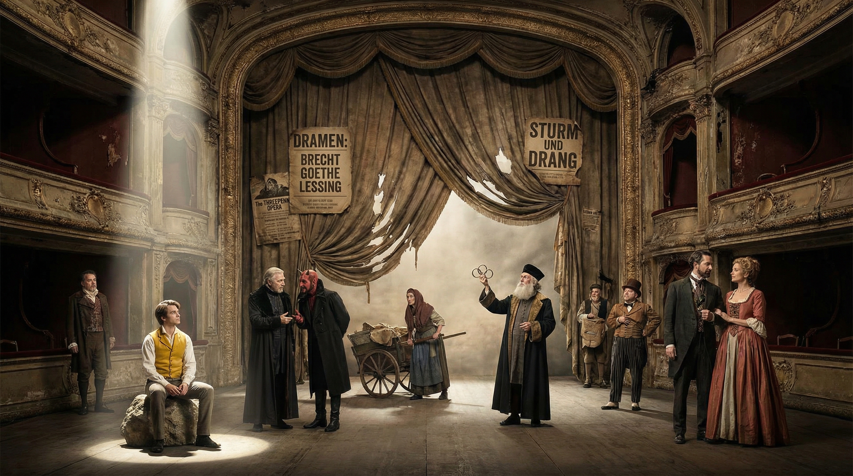 Das Bild zeigt eine dramatische Szene in einem alten, prunkvollen Theater mit mehreren Rängen, die von rotem Samt und vergoldeter Ornamentik geprägt sind. Das Bühnenbild dominiert im Zentrum, wobei der schwere, teils zerrissene Vorhang halb geöffnet ist. Zwei große Schilder an den Vorhängen tragen die Aufschriften „DRAMEN: BRECHT GOETHE LESSING“ und „STURM UND DRANG“, was auf die berühmten deutschen Dramatiker und die literarische Epoche hinweist.

Im Vordergrund agieren zahlreiche Figuren in historischen Kostümen, die typische Rollen aus klassischen Dramen repräsentieren könnten:
- Links sitzt ein junger Mann im Mittelpunkt eines Lichtstrahls auf einem Stein, was ihn sichtlich hervorhebt und auf einen Protagonisten weist.
- Daneben stehen zwei ältere Herren im Gespräch, einer davon scheinbar als Geistlicher gekleidet, der andere in dunklem Mantel mit Teufelshörnern—möglicherweise eine Anspielung auf Faust und Mephisto aus Goethes „Faust“.
- Eine Frau in schlichter Kleidung und Kopftuch zieht einen Handwagen, wohl Sinnbild für das einfache Volk, das oft in sozialkritischen Dramen wie denen von Brecht thematisiert wird.
- Rechts steht ein älterer Mann mit jüdischer Kopfbedeckung, der eine Waage oder Ringe in der Hand hält, was eine Referenz an Lessings „Nathan der Weise“ sein könnte.
- Rechts neben ihm stehen mehrere Figuren in aufwendigen Rokoko-Kostümen, die in ein Gespräch vertieft sind, was für höfische Intrigen oder Liebesgeschichten, typische Motive des Sturm und Drang und der Klassik, sprechen könnte.
- Im Hintergrund sieht man weitere Nebenfiguren, die die Szene abrunden: Musiker, Bürger, eventuell ein Komödiant oder eine Dienerfigur.

Das Theater wirkt alt, abgenutzt und atmosphärisch, was die Dramatik und Geschichtsträchtigkeit der dargestellten Stücke unterstreicht. Die Lichtführung – besonders der einzelne Strahl auf den Mann links – erzeugt eine besondere Bühnenwirkung und lenkt den Blick gezielt auf zentrale Figuren.

Insgesamt fängt das Bild auf eindrucksvolle Weise die Welt des deutschsprachigen Dramas ein, insbesondere der Werke und Epochen von Brecht, Goethe und Lessing, und verbindet klassische und gesellschaftskritische Motive auf einer dramatischen Theaterbühne.