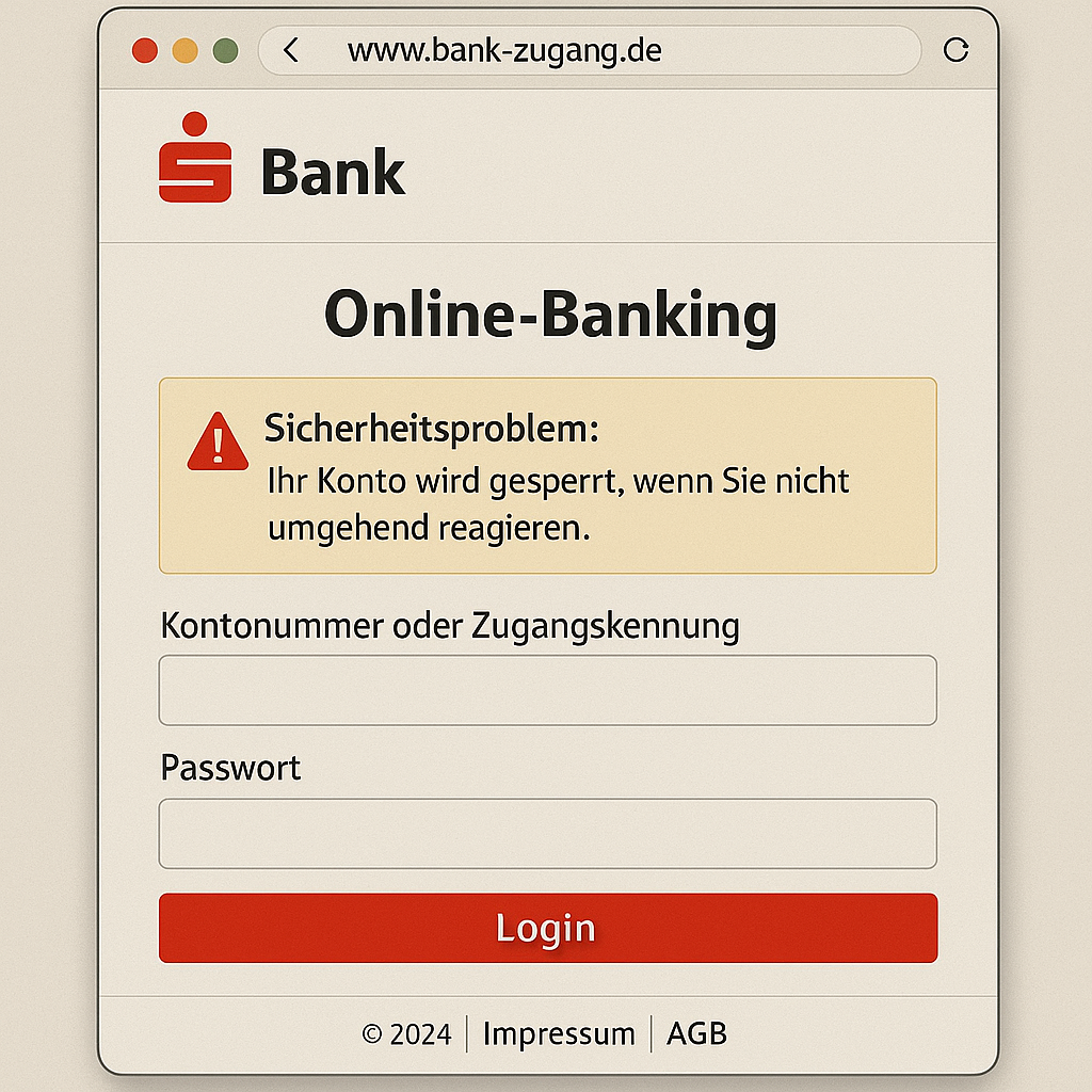 Das Bild zeigt eine täuschend echt wirkende Online-Banking-Login-Seite. Oben sieht man die Internetadresse „www.bank-zugang.de“, die sich auf den ersten Blick professionell liest, aber tatsächlich einen subtilen Unterschied zu bekannten offiziellen Bank-URLs aufweist. Links oben ist das bekannte rote Logo abgebildet, gefolgt von der einfachen Bezeichnung „Bank“. 

Zentral auf der Seite steht hervorgehoben „Online-Banking“. Direkt darunter befindet sich ein gelb hinterlegtes Warnfeld mit einem roten Ausrufezeichen-Symbol. Die Warnmeldung lautet: „Sicherheitsproblem: Ihr Konto wird gesperrt, wenn Sie nicht umgehend reagieren.“ Dies suggeriert Dringlichkeit und übt Druck auf den Benutzer aus.

Darunter sind zwei Eingabefelder platziert, einmal für „Kontonummer oder Zugangskennung“ und einmal für das „Passwort“. Der große rote „Login“-Button darunter fordert zur direkten Eingabe auf.

Ganz unten stehen Hinweise wie „© 2024 | Impressum | AGB“, wobei die Links vermutlich nicht funktional sind oder auf zweifelhafte Inhalte führen könnten.

Drei Hinweise auf Betrug:
1. Die URL enthält den Zusatz „-zugang“, was auf eine Fälschung hindeutet.
2. Die auffällige Sicherheitswarnung mit Androhung einer Kontosperrung ist untypisch für authentische Bankportale.
3. Die rechtlichen Hinweise und Links am Seitenende sind wahrscheinlich nicht anklickbar oder führen auf Fake-Seiten.

Das Gesamtbild entspricht typisch einer Phishing-Seite, die auf den ersten Blick seriös erscheint, aber subtile Unterschiede und Druckausübung nutzt, um Nutzer zur Eingabe sensibler Daten zu verleiten.