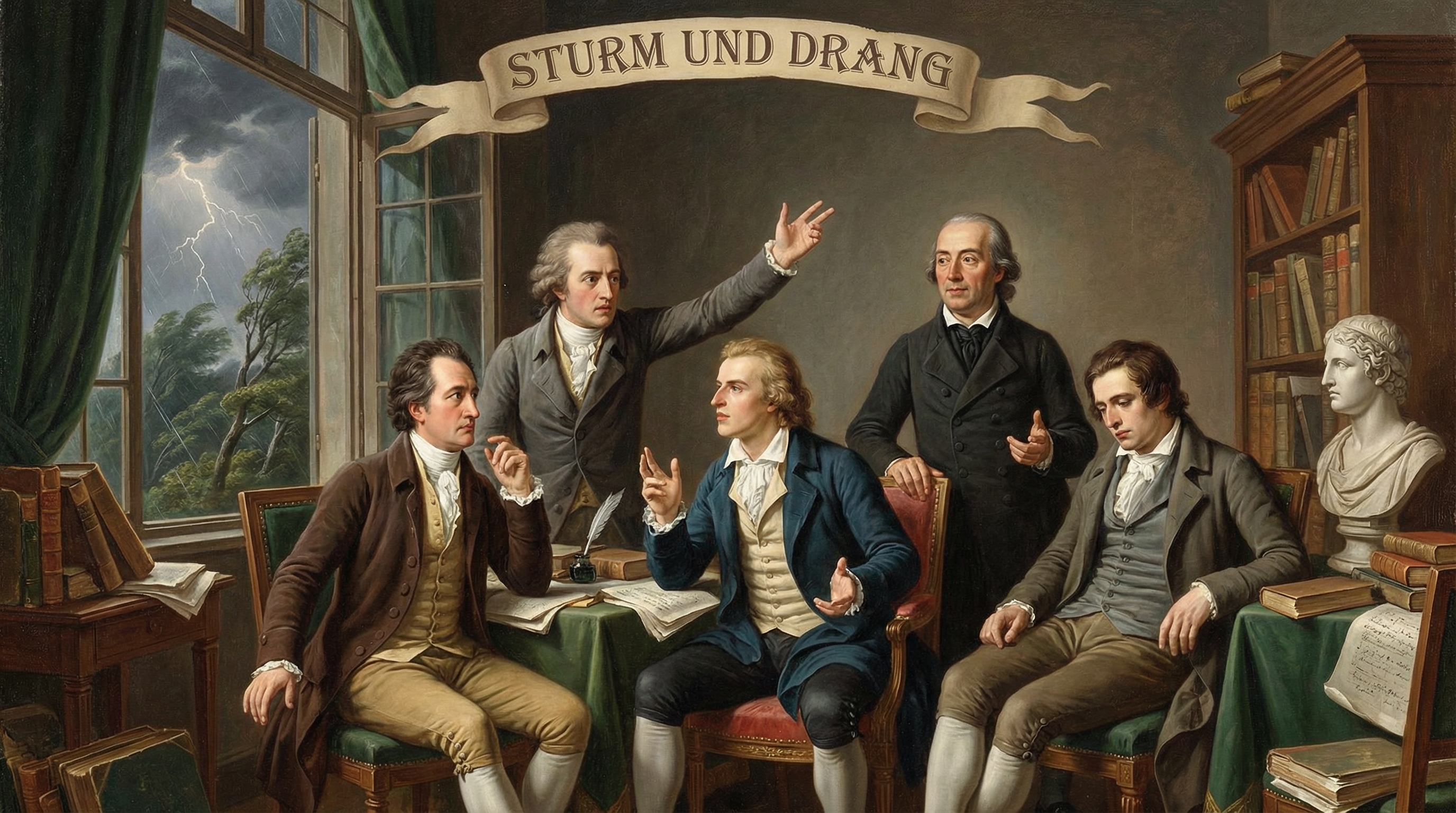 Das Bild zeigt eine idealisierte Szene, die die Epoche des „Sturm und Drang“ verkörpert und die wichtigsten Vertreter dieser literarischen Bewegung darstellt: Johann Wolfgang von Goethe, Friedrich Schiller, Johann Gottfried Herder sowie Jakob Michael Reinhold Lenz. 

Alle vier sitzen oder stehen in einem Raum, der einer Studierstube im ausgehenden 18. Jahrhundert nachempfunden ist. Die Atmosphäre ist von Leidenschaft und intensiver Diskussion geprägt. Die Körperhaltungen und Gesten der Figuren spiegeln den Geist der Epoche wider: Goethe und Schiller gestikulieren lebhaft, als würden sie über ein bedeutendes literarisches Thema debattieren. Herder steht würdevoll und beobachtet die Szene, während Lenz eher nachdenklich und melancholisch wirkt – er zeigt damit die häufige Zerrissenheit und Empfindsamkeit seiner Werke.

Im Hintergrund sieht man durch ein offenes Fenster einen starken Sturm mit zuckenden Blitzen und wild gebeugten Bäumen – das Wetter symbolisiert das titelgebende Motiv der Epoche: die Kraft der Natur, Gefühlsexplosionen, Aufruhr und Unberechenbarkeit. Darüber hängt ein Banner mit der Aufschrift „Sturm und Drang“, das den epochalen Rahmen bildlich unterstreicht.

Im Zimmer finden sich zahlreiche Bücher, lose Manuskriptblätter, eine antike Büste und Schreibutensilien, die für das bildungsnahe, kreative und intellektuelle Milieu der Autoren stehen. Die beschriebene Büste erinnert an die Orientierung an der Antike, die trotz aller Rebellion ebenfalls eine Inspirationsquelle war.

Das Licht im Bild ist dramatisch, als wolle es die aufgewühlten Gemütszustände der Figuren sichtbar machen. Die Szene ist voller Energie, Bewegung und Ideenreichtum – so, wie es für die Sturm-und-Drang-Epoche typisch ist.