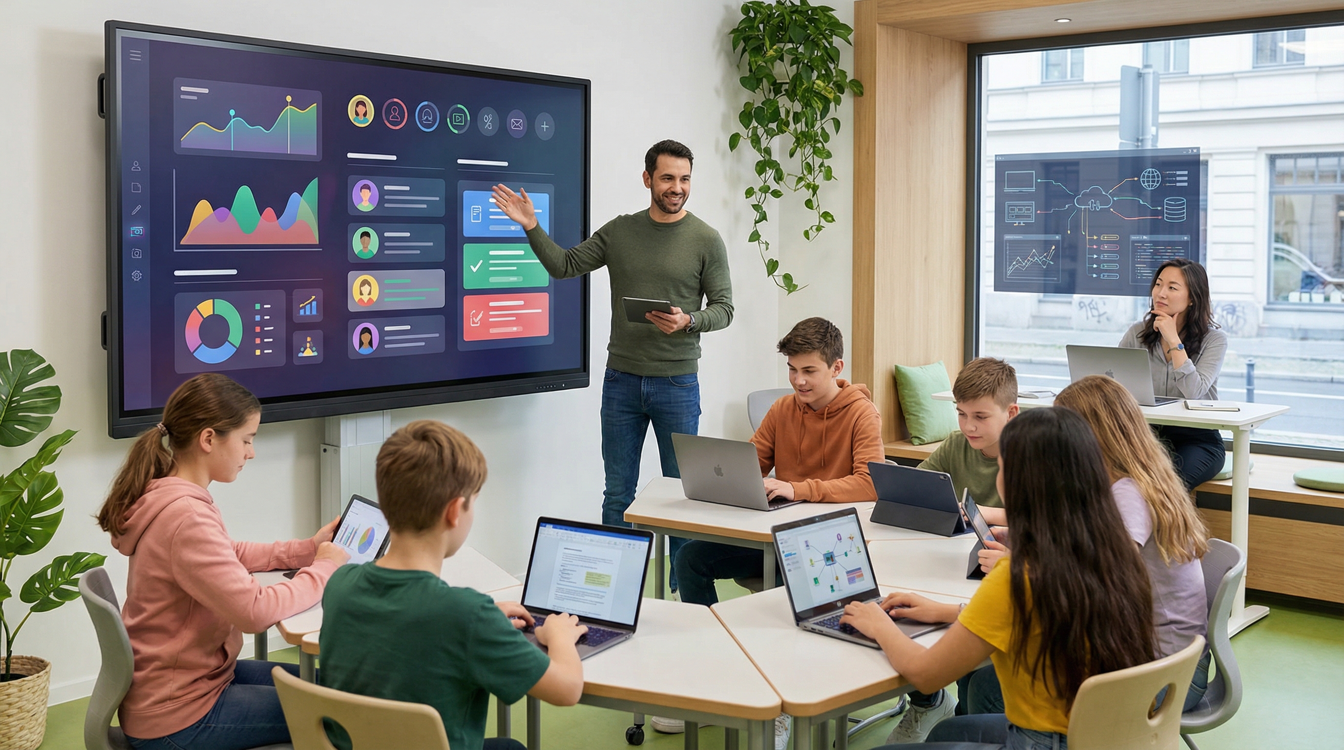 Das Bild zeigt eine moderne Berliner Klassenzimmer-Szene. In der Mitte des Raumes steht ein Lehrer, der motiviert vor einer großen interaktiven Tafel steht und diese präsentiert. Auf dem Display sind farbenfrohe Diagramme, Grafiken und modulare Aufgabenkarten zu sehen – dies symbolisiert die Auswertung und Personalisierung von Aufgaben durch eine KI-Anwendung. Die Schüler sitzen an einzelnen Gruppentischen (Teambildung wird gefördert), arbeiten konzentriert an ihren Laptops/Tablets und beschäftigen sich offensichtlich mit individuell zugewiesenen Aufgaben.

Die Lernenden sind sowohl Jungen als auch Mädchen: Die Diversität symbolisiert Chancengleichheit. Im Hintergrund sieht man eine Lehrkraft oder Expertin an einem eigenen Schreibtisch sitzen, eventuell handelt es sich hier um die KI-Expertin oder die Ethikbeauftragte. Auch auf ihrem Bildschirm sind komplexe Diagramme und Verknüpfungen zwischen Daten zu erkennen, was auf die Überprüfung und Anpassung von Aufgaben hindeuten könnte.

Das Klassenzimmer wirkt sehr hell und freundlich, mit großen Fenstern, Pflanzen und viel Tageslicht – diese Details vermitteln einen modernen, förderlichen Lernraum. Die Schüler sind aktiv eingebunden, der Lehrer ist Ansprechpartner und Moderator, während die Technologie unterstützend im Hintergrund arbeitet.

Das Zusammenspiel aus menschlicher und künstlicher Intelligenz steht im Zentrum: Lehrer werden entlastet, Schüler erhalten personalisierte Aufgaben und die Überwachung ethischer Aspekte wird sichtbar integriert. Das Bild zeigt vorbildlich die digitale Transformation des Bildungswesens.