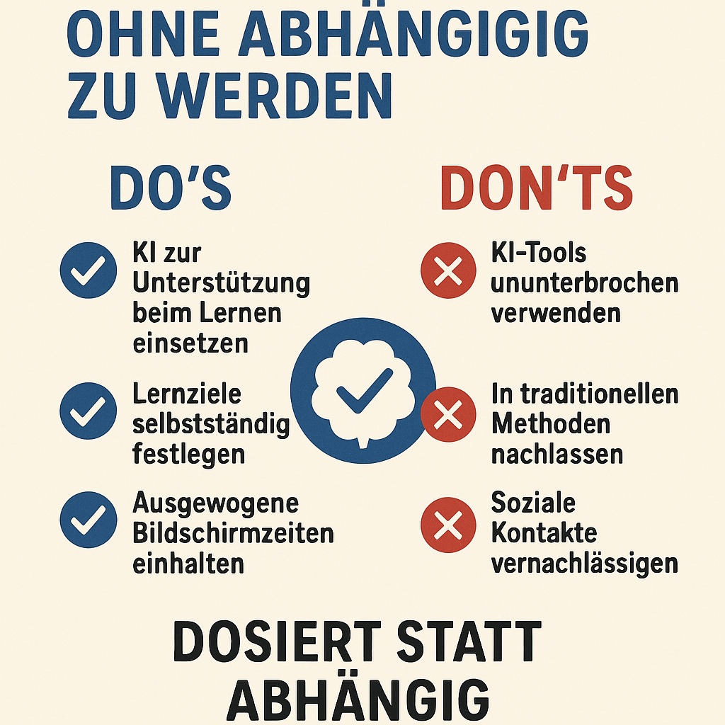 Das Poster trägt den Titel „OHNE ABHÄNGIG ZU WERDEN“ und thematisiert den gesunden Umgang mit Künstlicher Intelligenz (KI) beim Lernen. Es ist klar und farblich gegliedert, um die wichtigsten Tipps übersichtlich zu präsentieren.
Im oberen Bereich steht die zentrale Überschrift. Darunter befinden sich zwei Spalten: eine für die „DO’S“ (Was ist sinnvoll?) und eine für die „DON’TS“ (Was sollte man vermeiden?).
**DO’S:**
1. „KI zur Unterstützung beim Lernen einsetzen“ – KI soll als Hilfsmittel und nicht als Ersatz genutzt werden.
2. „Lernziele selbstständig festlegen“ – Die eigene Zielsetzung bleibt wichtig, um selbstständig zu bleiben.
3. „Ausgewogene Bildschirmzeiten einhalten“ – Ein gesunder Rhythmus zwischen On- und Offline-Aktivitäten ist entscheidend.
Jede dieser Regeln wird mit einem blauen Häkchen-Symbol hervorgehoben.
**DON’TS:**
1. „KI-Tools ununterbrochen verwenden“ – Ständiger Gebrauch kann zur Abhängigkeit führen.
2. „In traditionellen Methoden nachlassen“ – Altbewährte Lerntechniken sollten nicht vernachlässigt werden.
3. „Soziale Kontakte vernachlässigen“ – Zwischenmenschliche Beziehungen und Zeit mit Freunden bleiben wichtig.
Diese Warnpunkte sind jeweils mit einem roten Kreuz-Symbol versehen.
**Symbol / Logo:**
In der Mitte des Plakats ist ein rundes, blaues Symbol mit einem weißen Checkzeichen darin abgebildet. Es symbolisiert eine gesunde, ausgewogene KI-Nutzung.
**Merkspruch / Slogan:**
Am unteren Rand steht groß und fett: „DOSIERT STATT ABHÄNGIG“. Das fasst die Grundmessage des Posters einprägsam zusammen – KI soll dosiert eingesetzt werden, um nicht in eine Abhängigkeit zu geraten.
Das Poster ist schlicht, klar strukturiert, farblich zwischen Blau (positiv, Do’s) und Rot (Warnung, Don’ts) gestaltet und unterstützt so die Orientierung. Zielgruppe sind Schülerinnen und Schüler, um ihnen Chancen und Risiken der KI-Nutzung beim Lernen bewusst zu machen.
