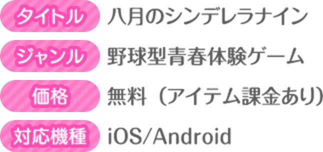 タイトル：八月のシンデレラナイン ジャンル：青春体験型野球ゲーム 価格：無料（アイテム課金あり）対応機種：iOS/Android