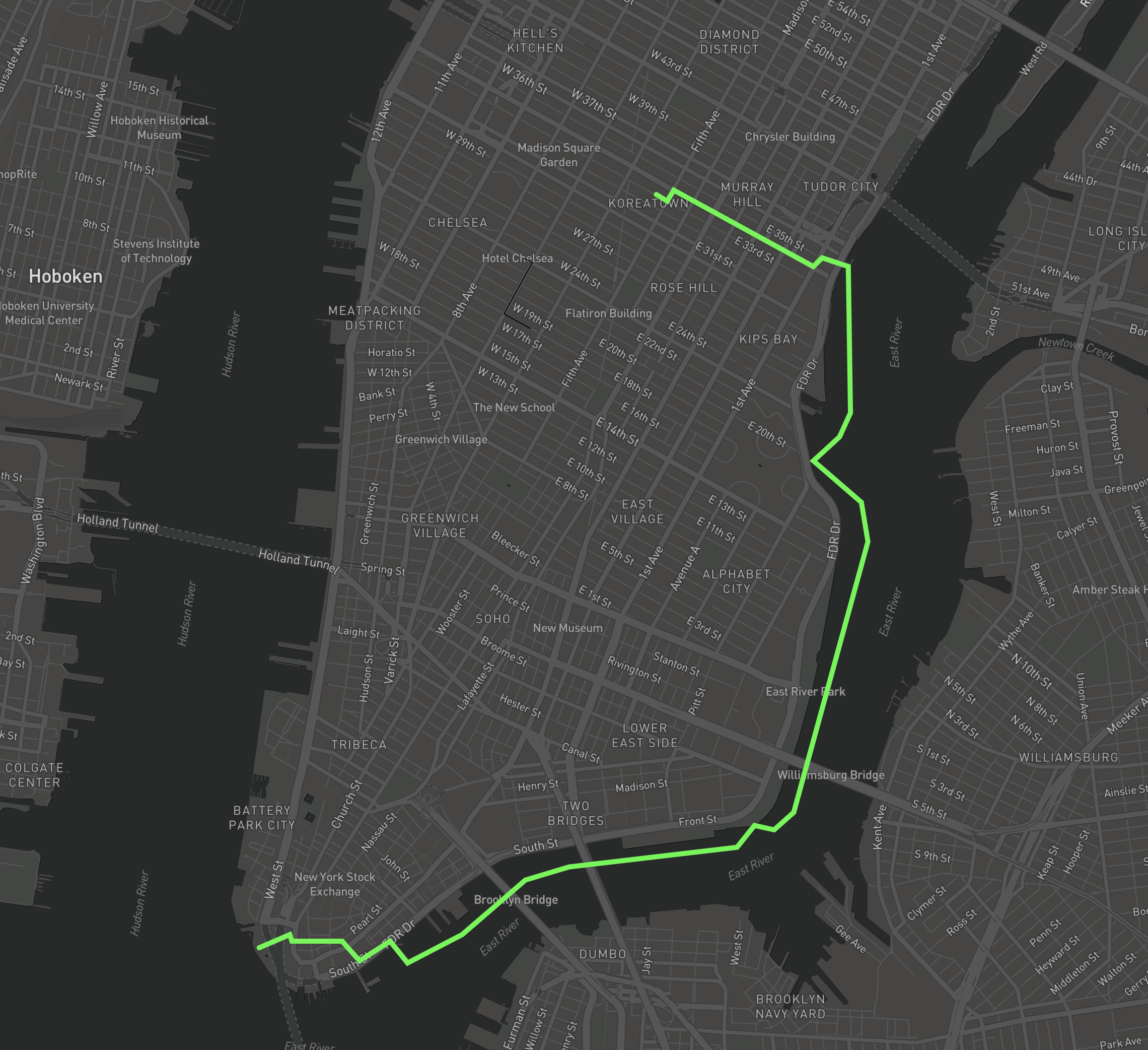 A "Driving" Route from the Empire State Building to Battery Park.