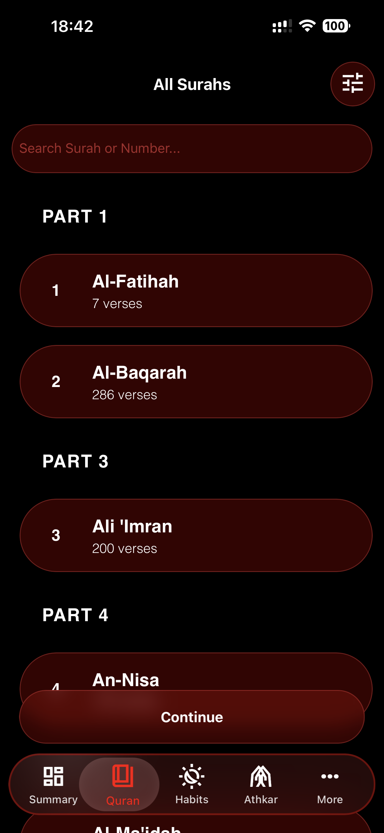 Hadaff Quran screen surah list