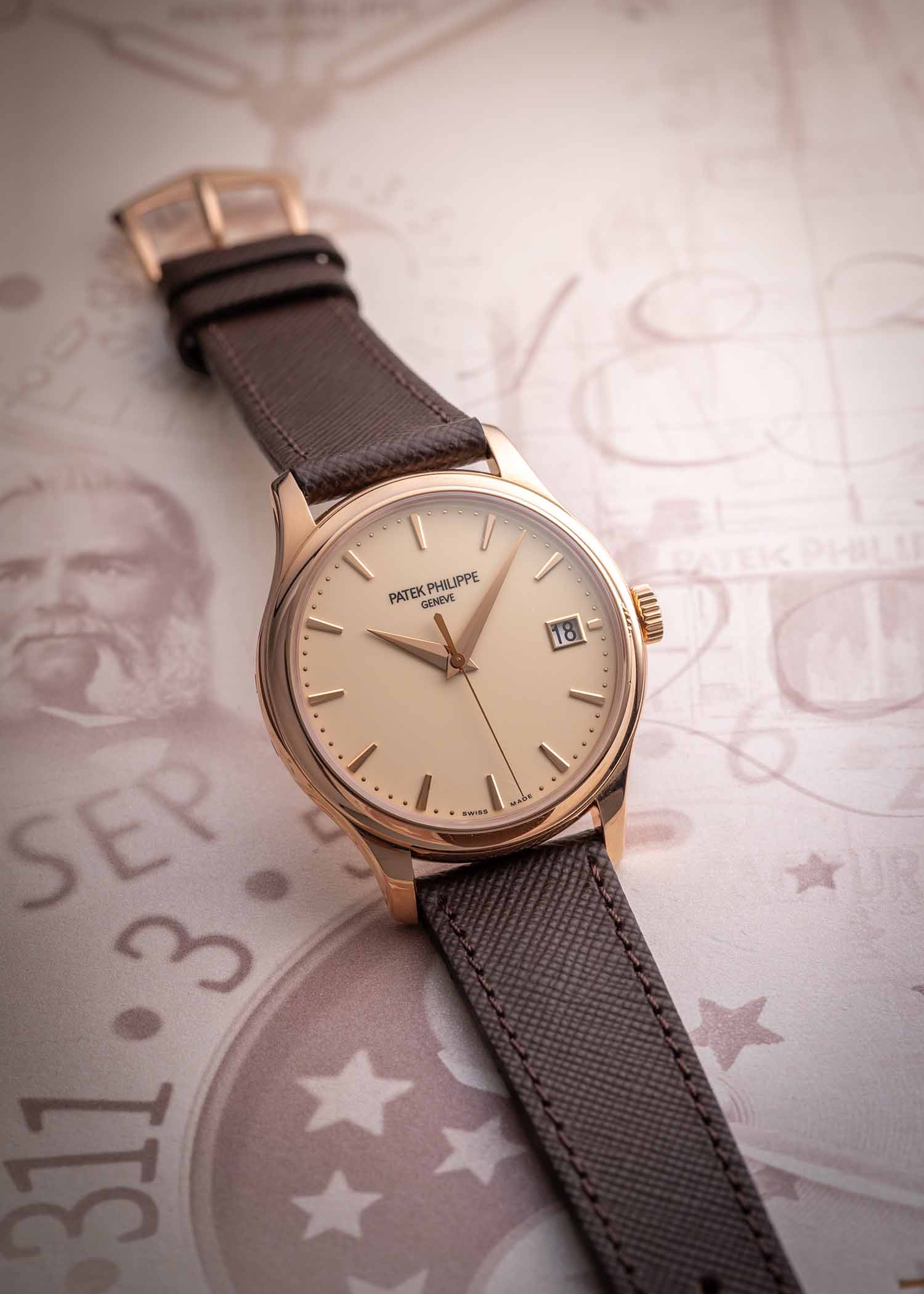 Patek Philippe Calatrava Date 39 Rose Gold Ivory Lacquer Officer's Caseback